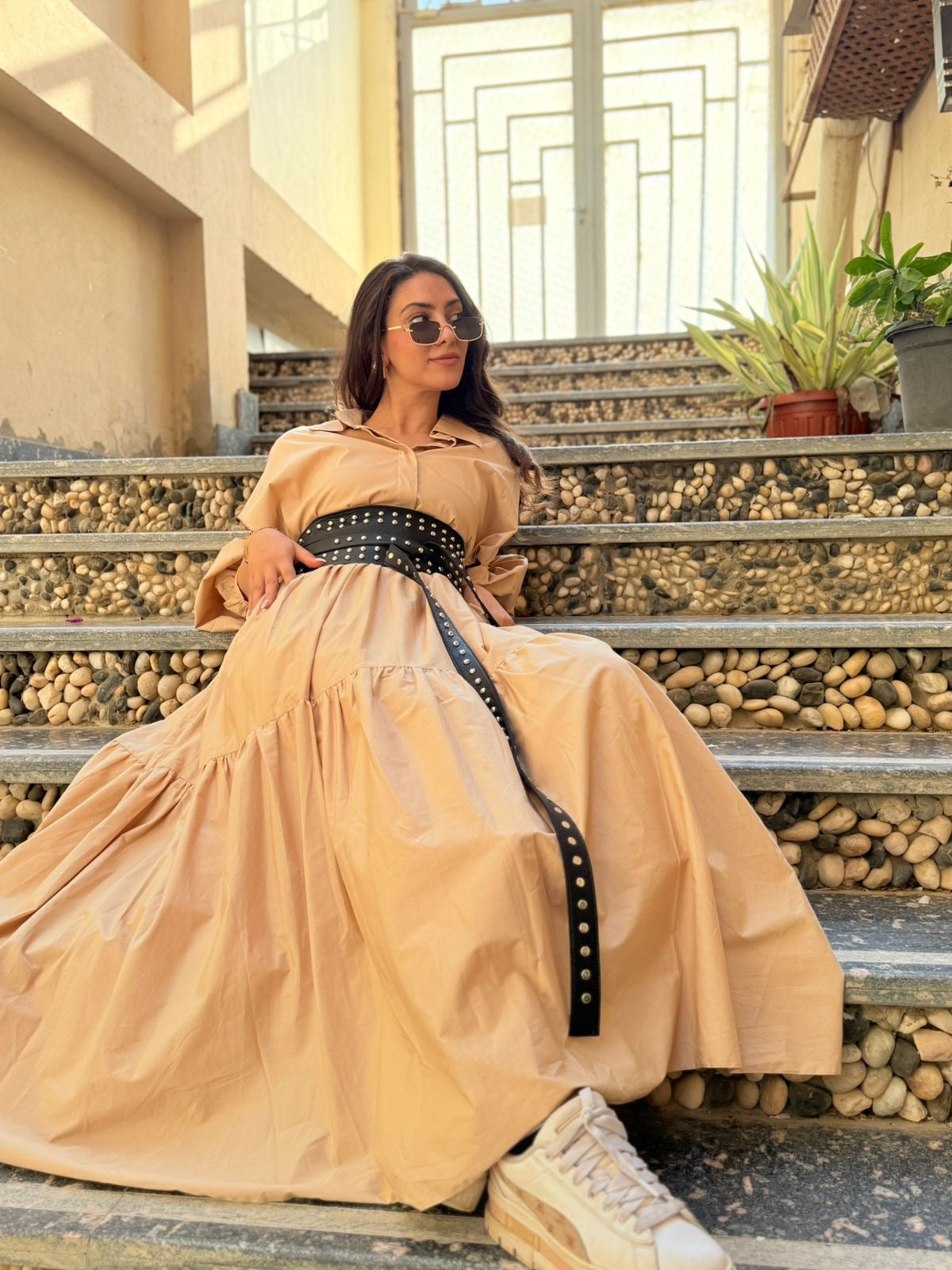 Beige Belted Muse Dress