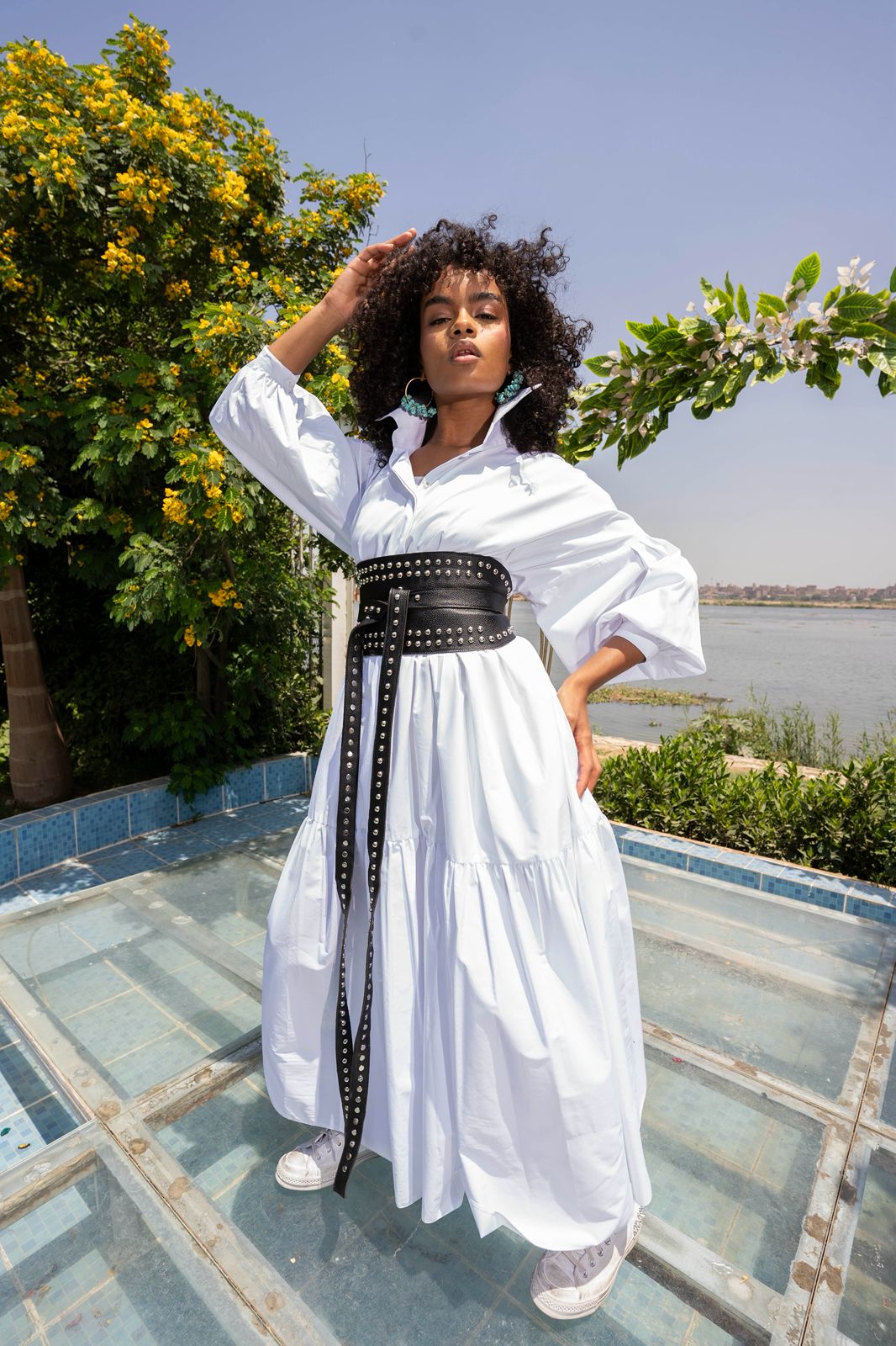 Belted Muse Dress – White with Black Belt