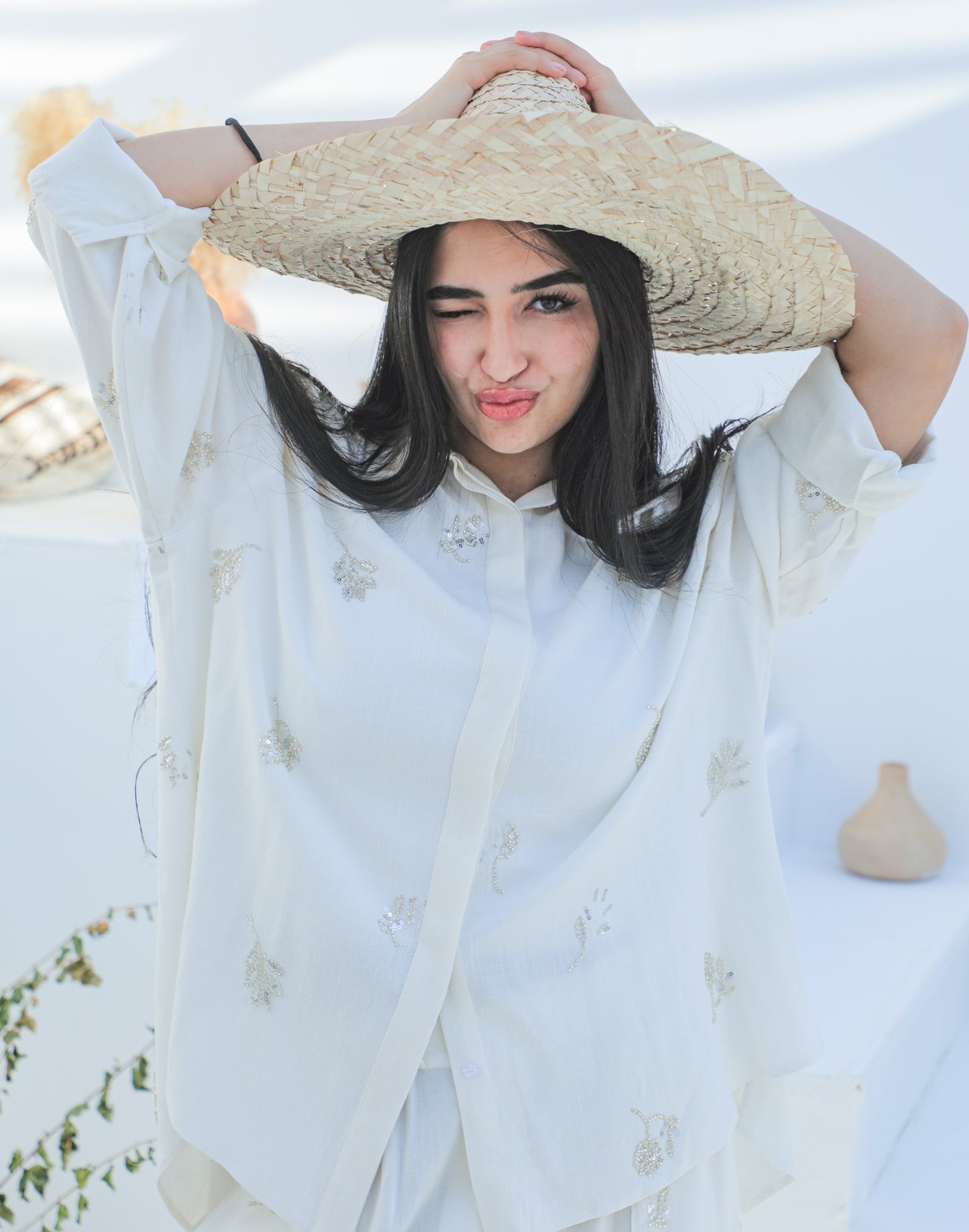 Ivory embroidered white linen set