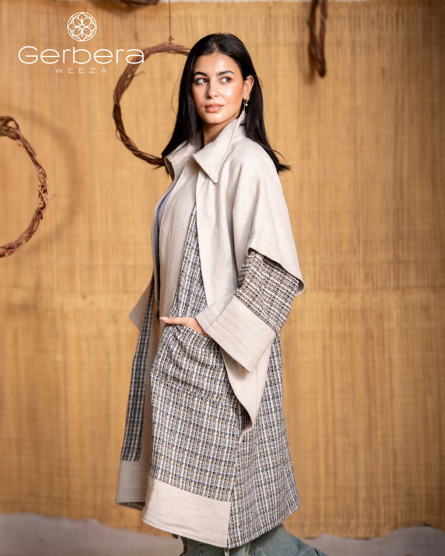 Wool Blend Coat with Tweed Details