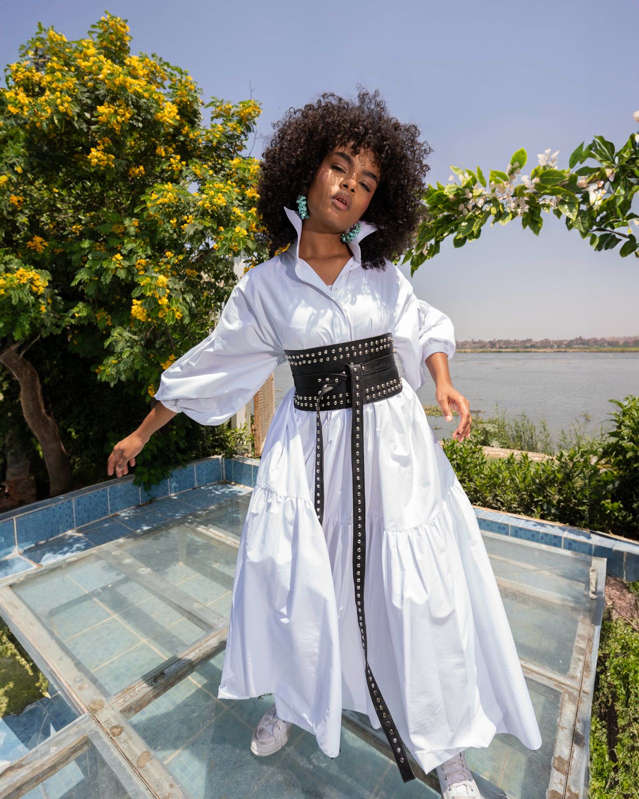 Belted Muse Dress – White with Black Belt
