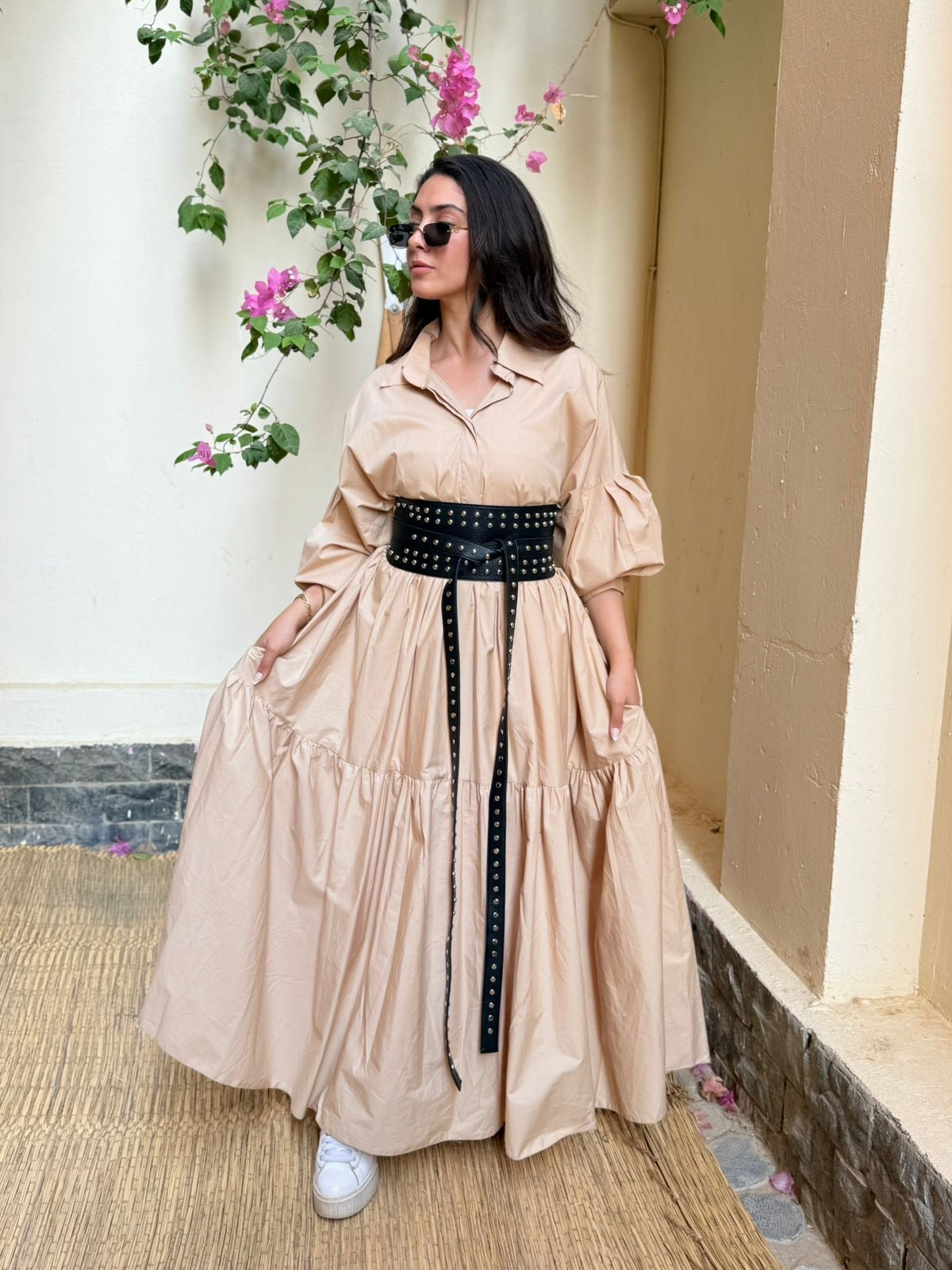 Beige Belted Muse Dress