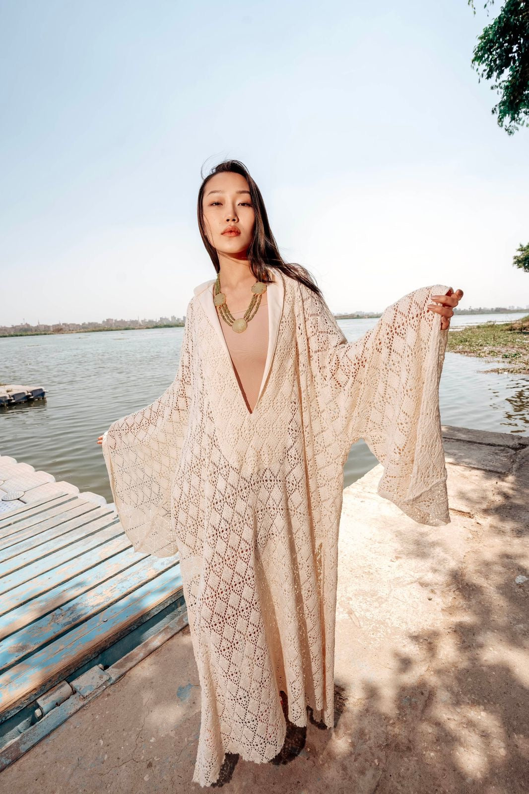 Lamira Off-White Cotton Crochet Cover-Up Dress