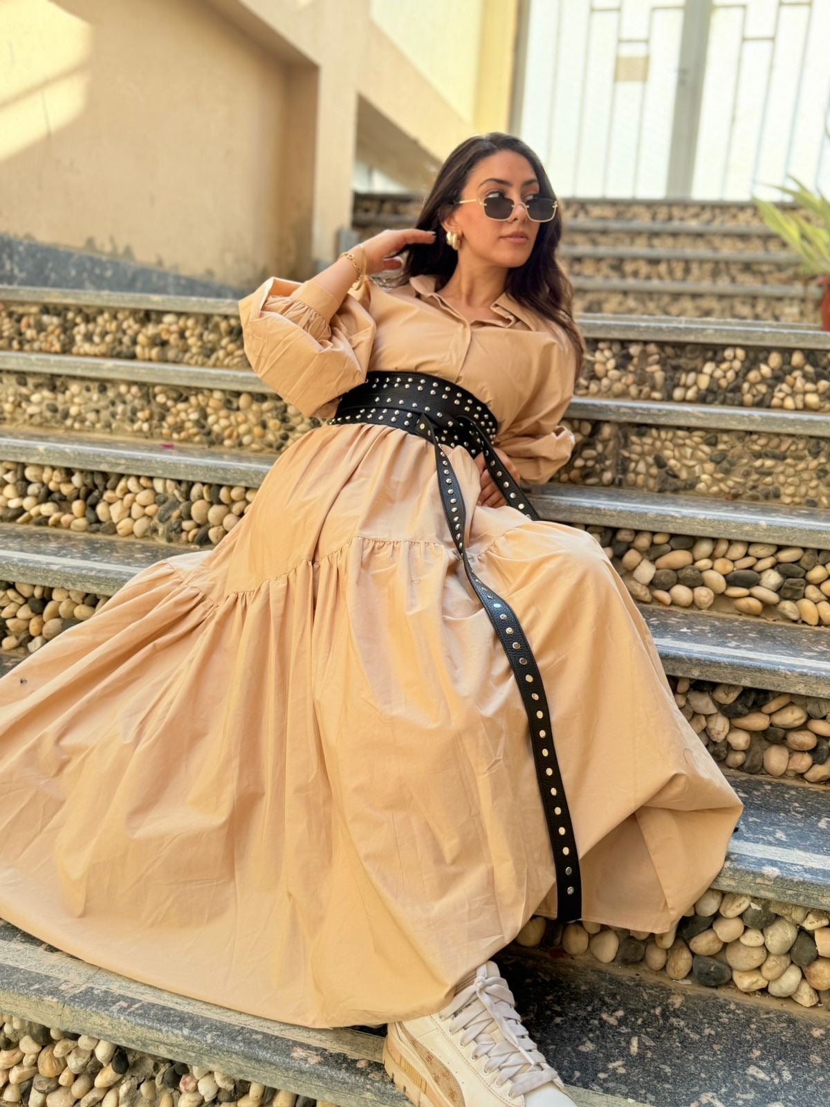 Beige Belted Muse Dress