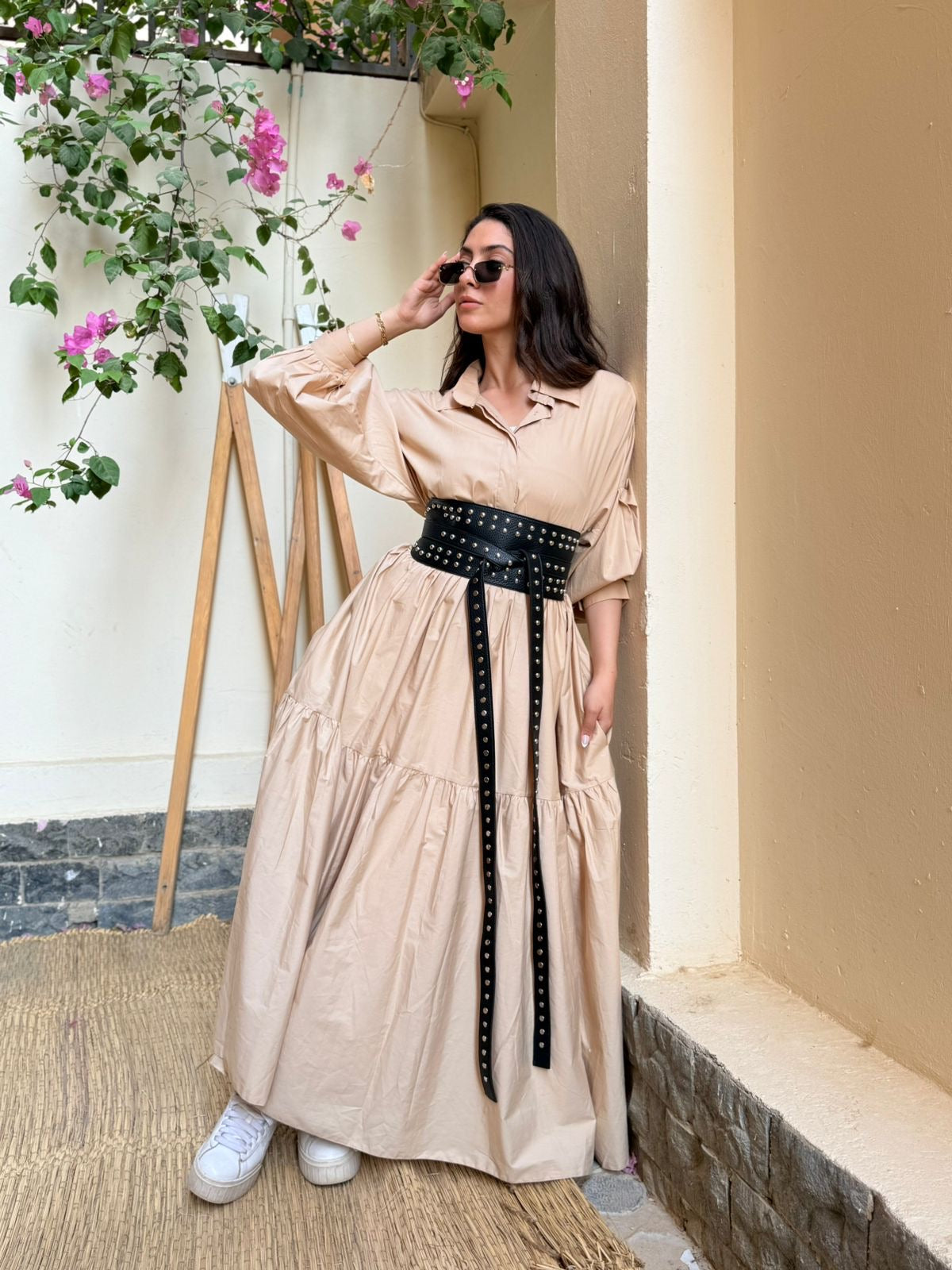 Beige Belted Muse Dress