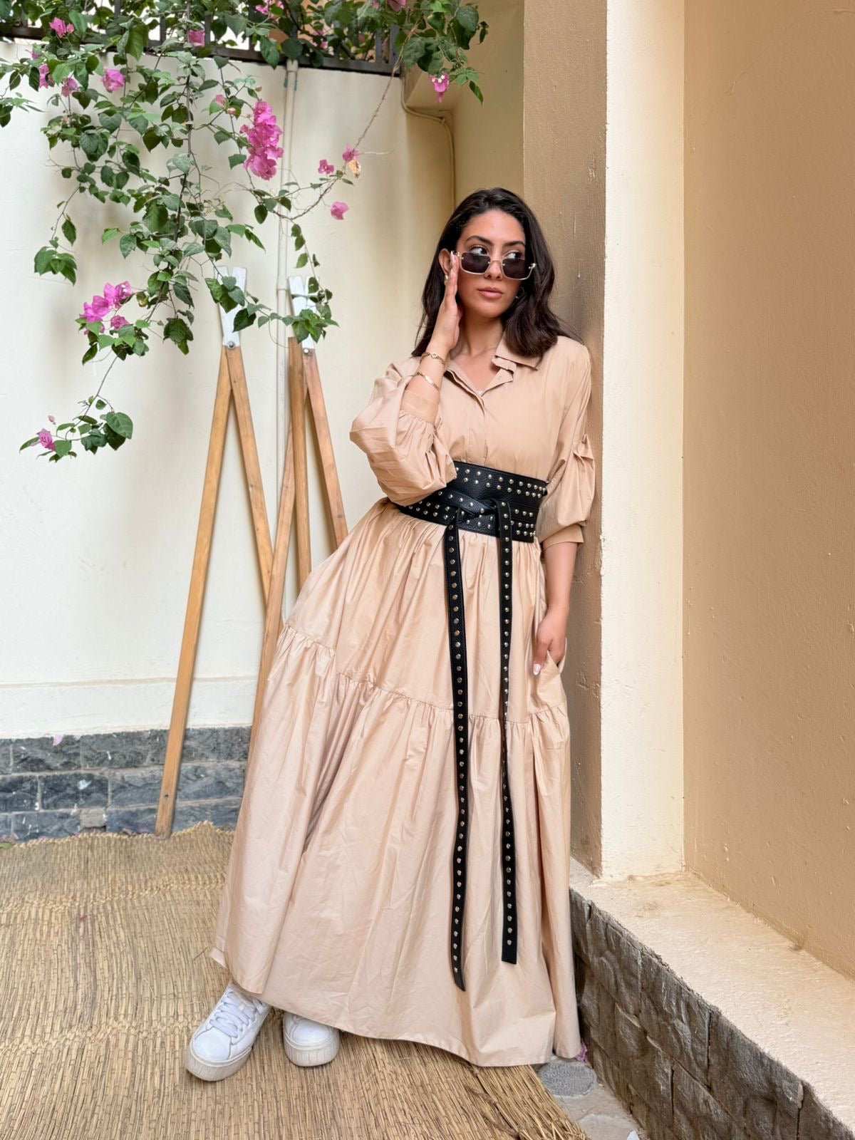 Beige Belted Muse Dress