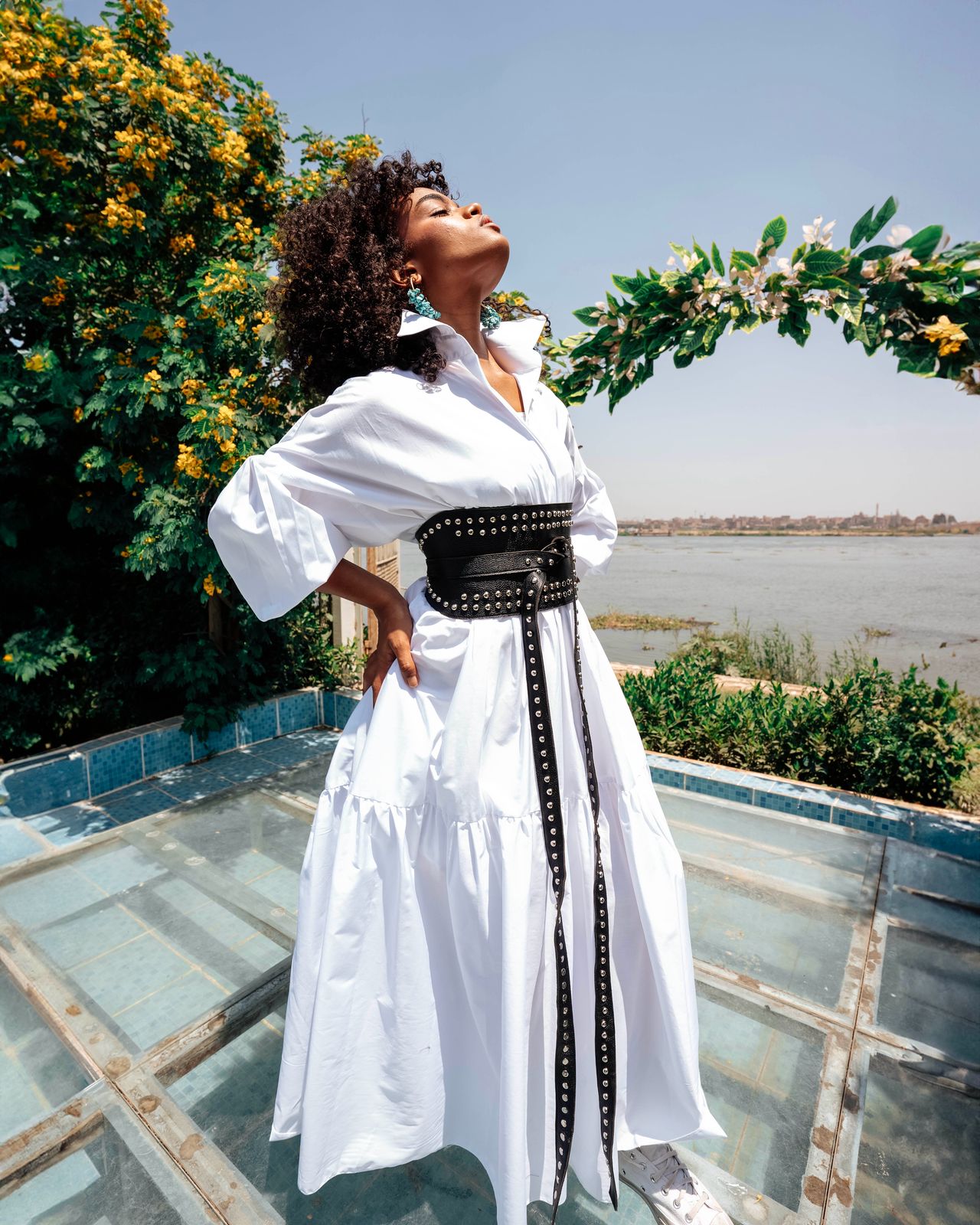 Belted Muse Dress – White with Black Belt