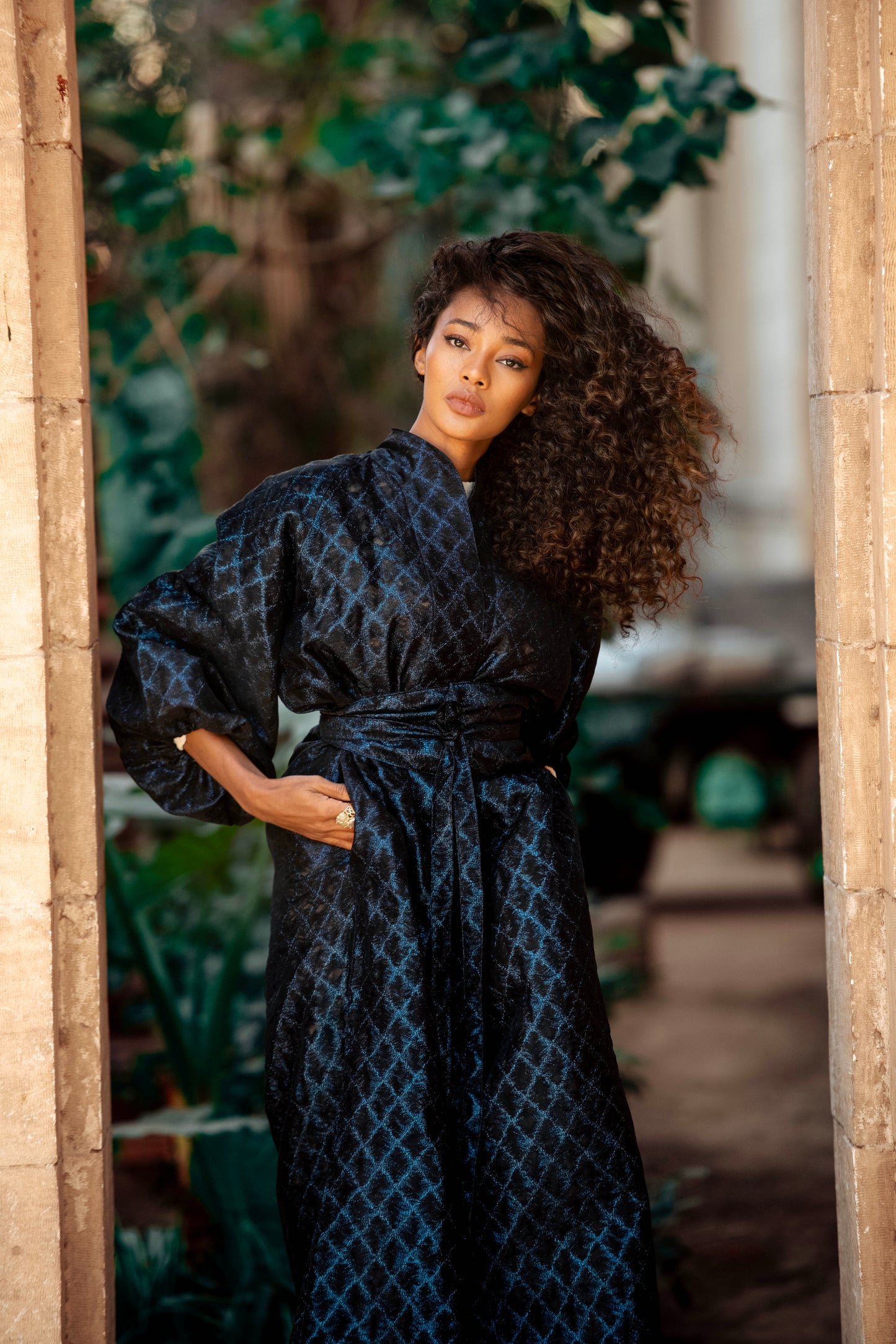 Baheya Blue-in-Black Kaftan in Brocade Organza