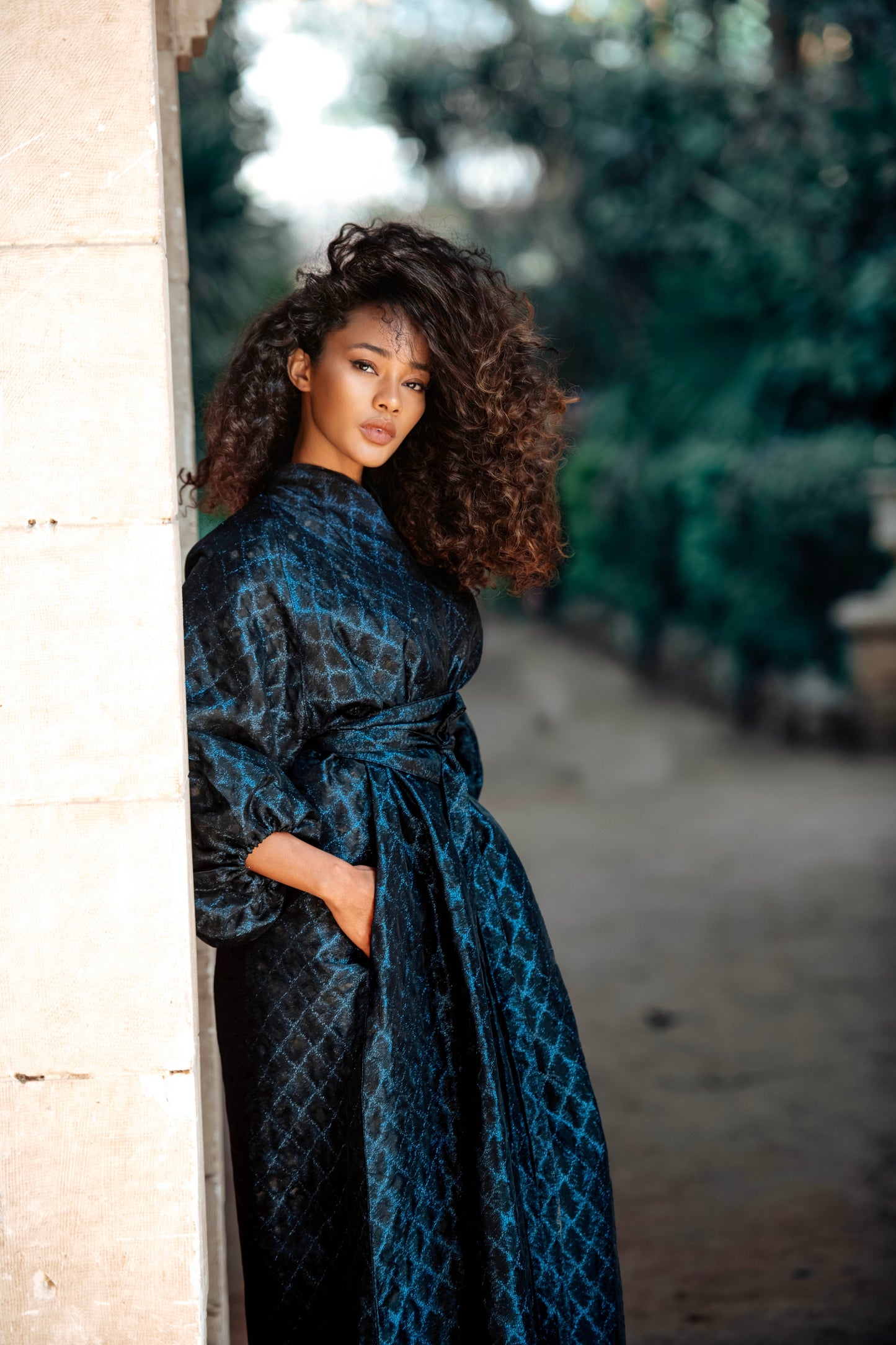 Baheya Blue-in-Black Kaftan in Brocade Organza