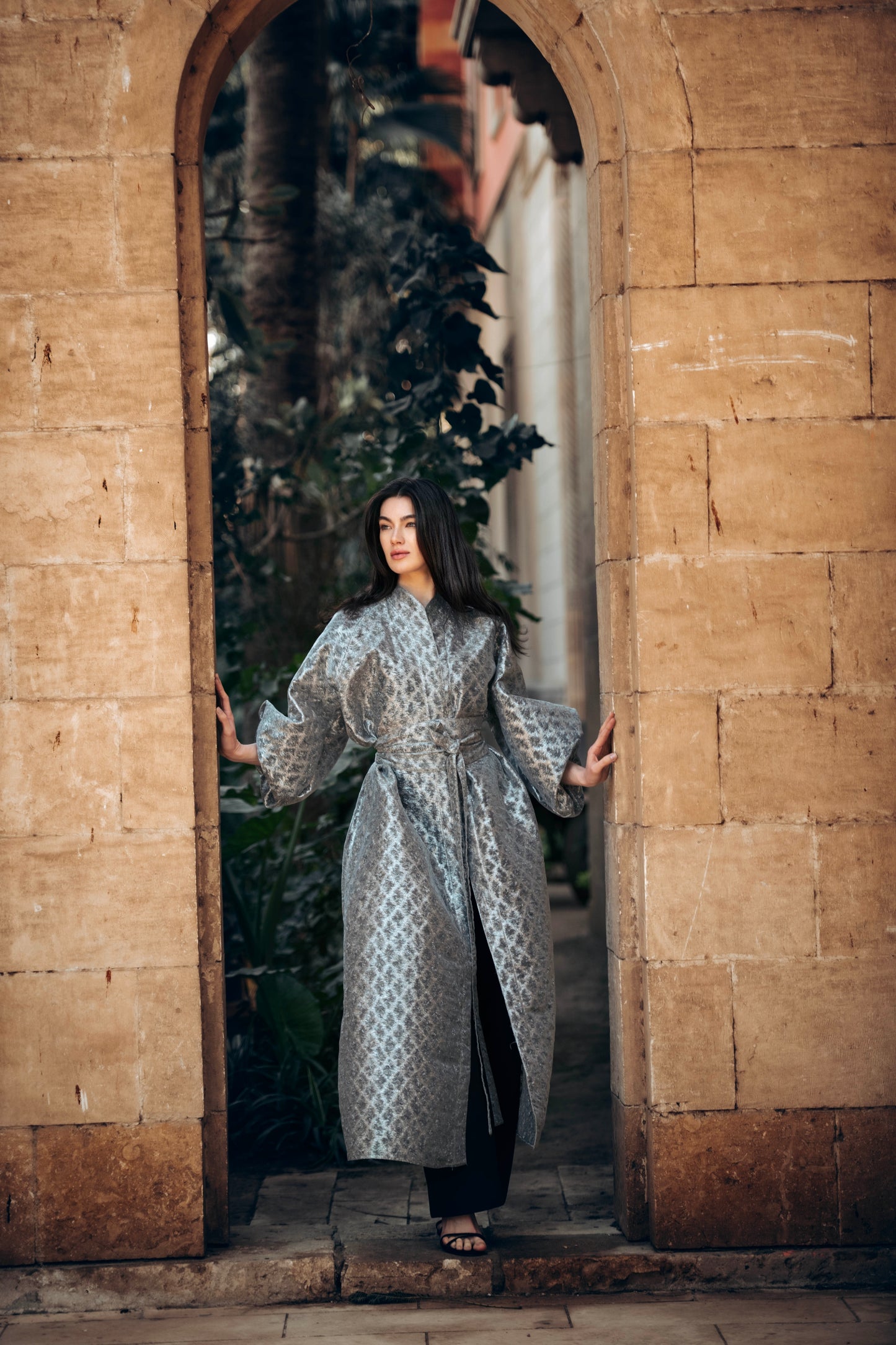 Baheya Silver Kaftan in Luxurious Brocade Organza
