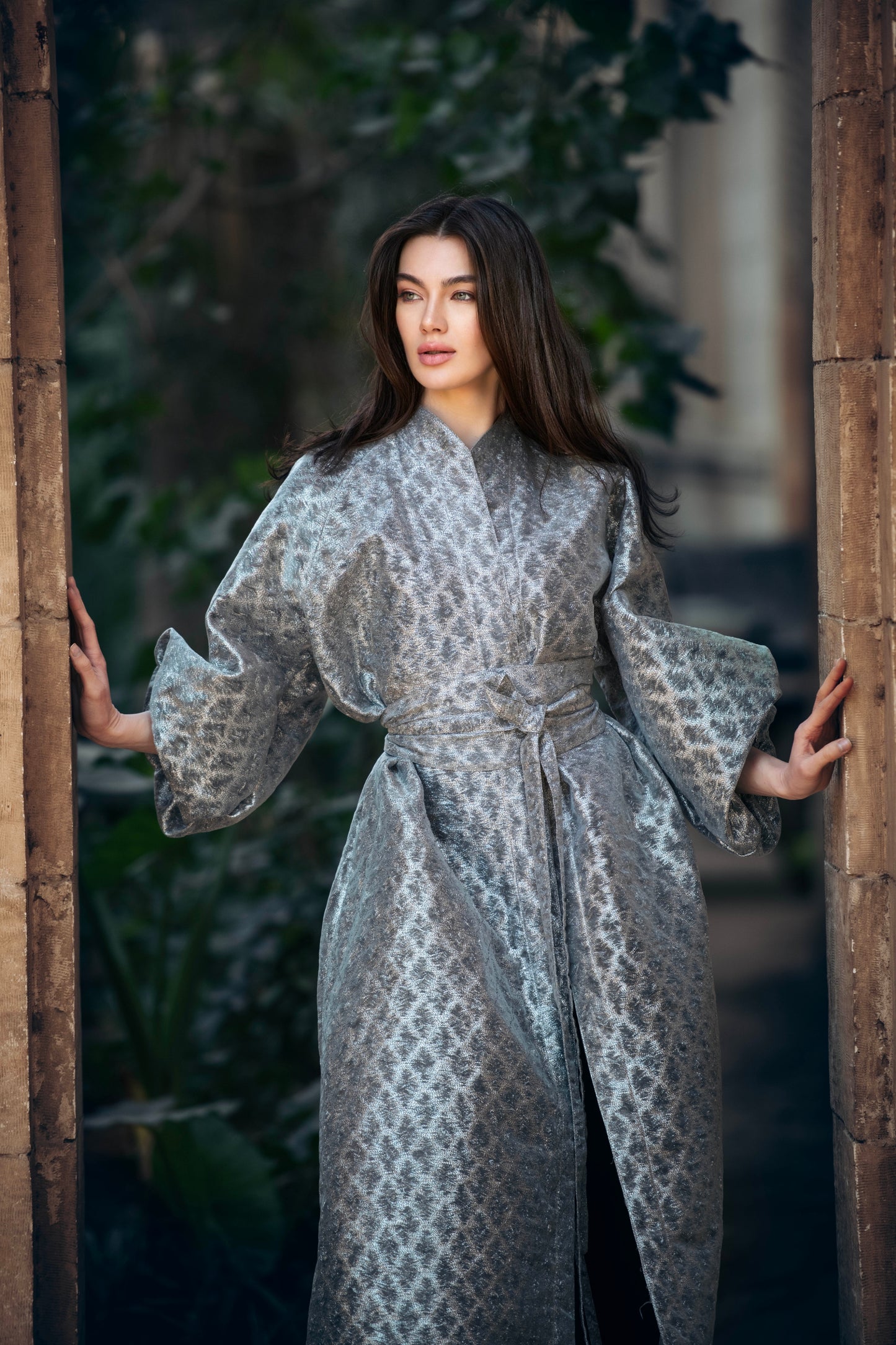Baheya Silver Kaftan in Luxurious Brocade Organza