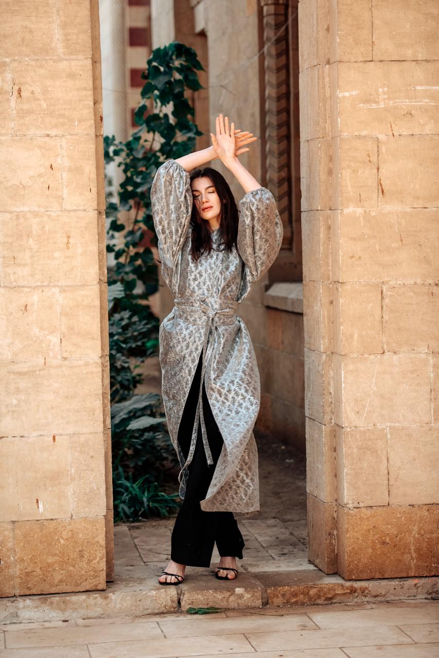 Baheya Silver Kaftan in Luxurious Brocade Organza