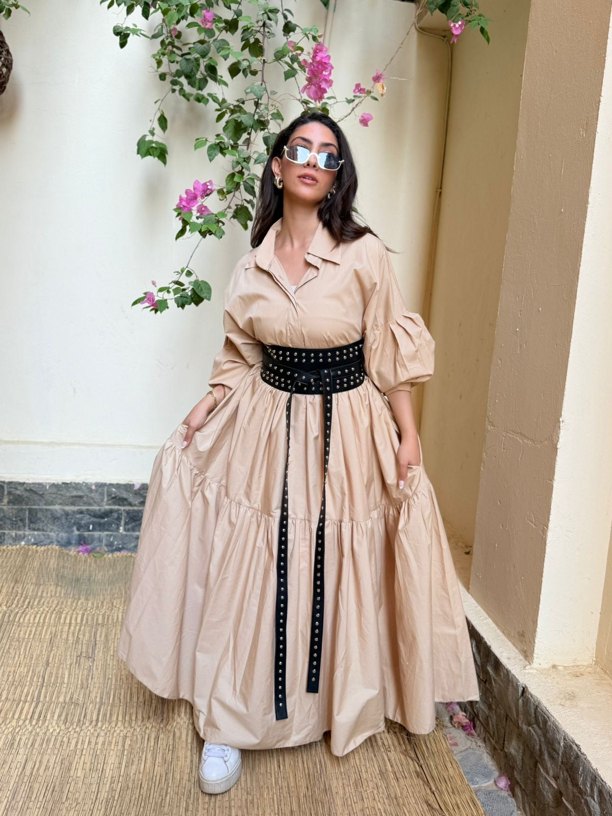 Beige Belted Muse Dress