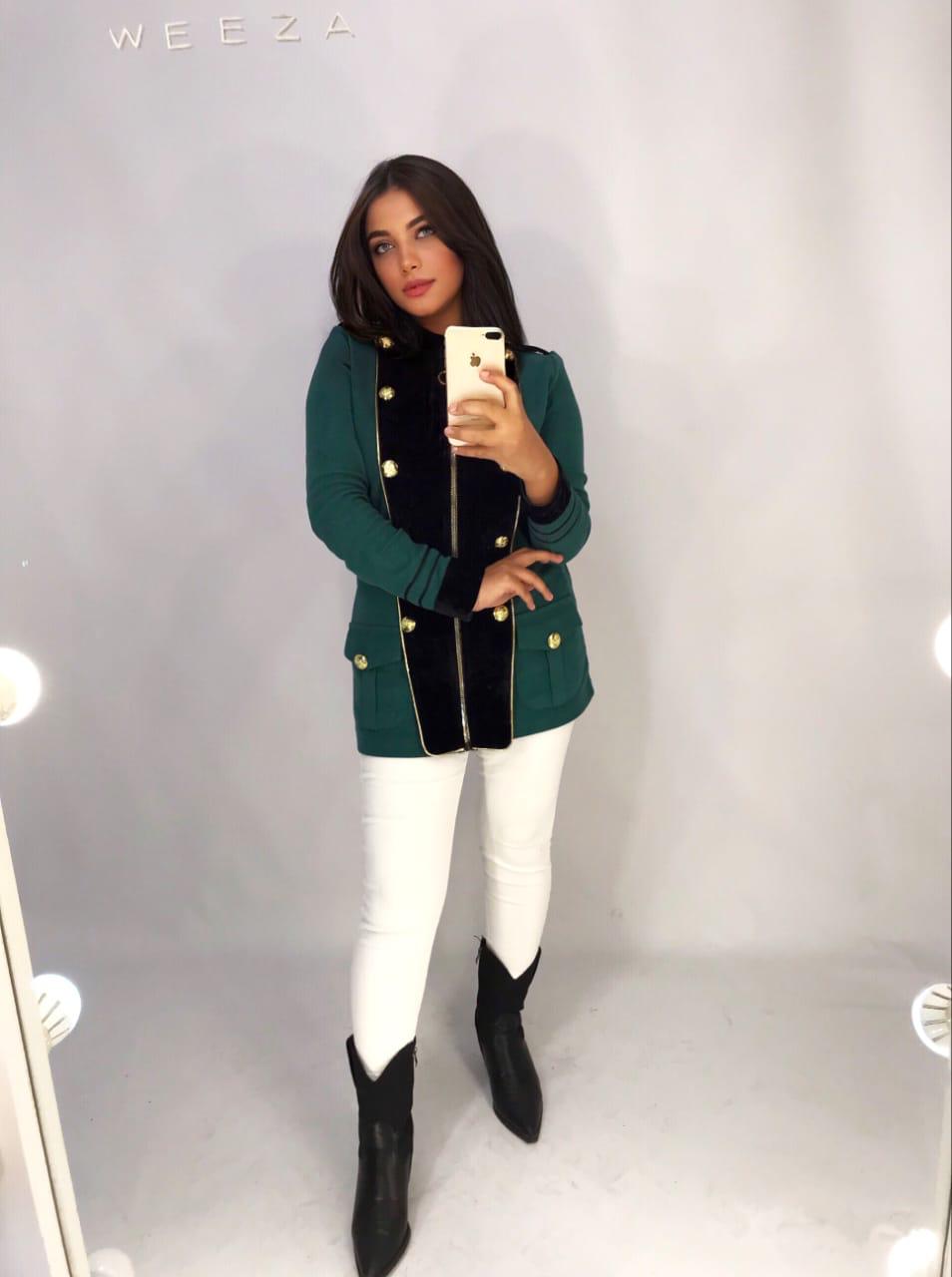 Elegant Gold Button Velvet-Trimmed Jacket