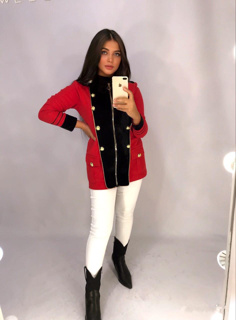 Elegant Gold Button Velvet-Trimmed Jacket