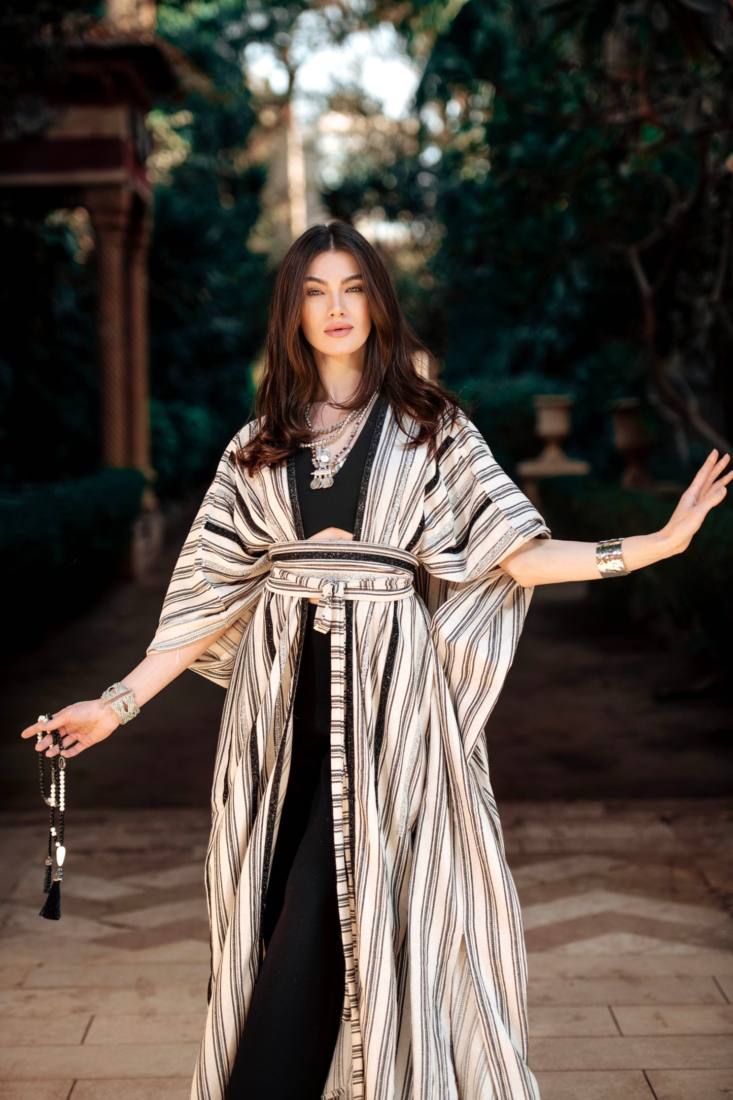 Mizyana Striped Linen Kaftan with Embellished Details