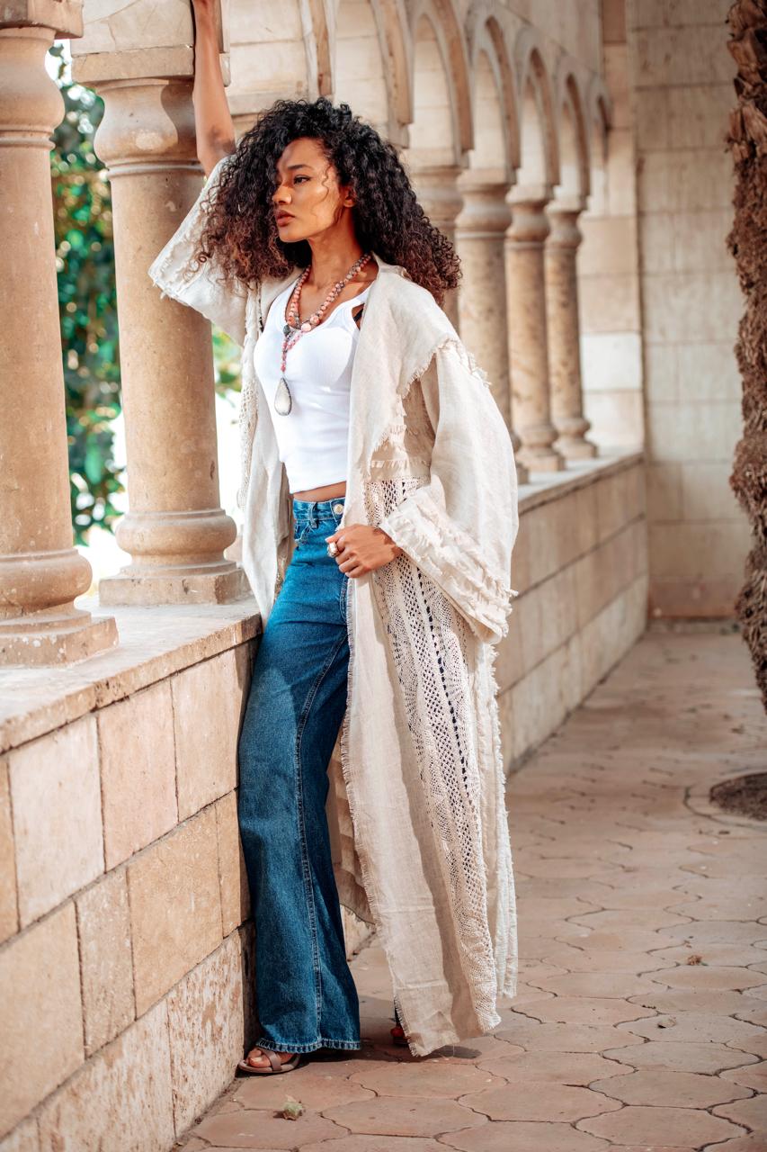 Ramla Linen Kaftan with Handmade Cotton Crochet