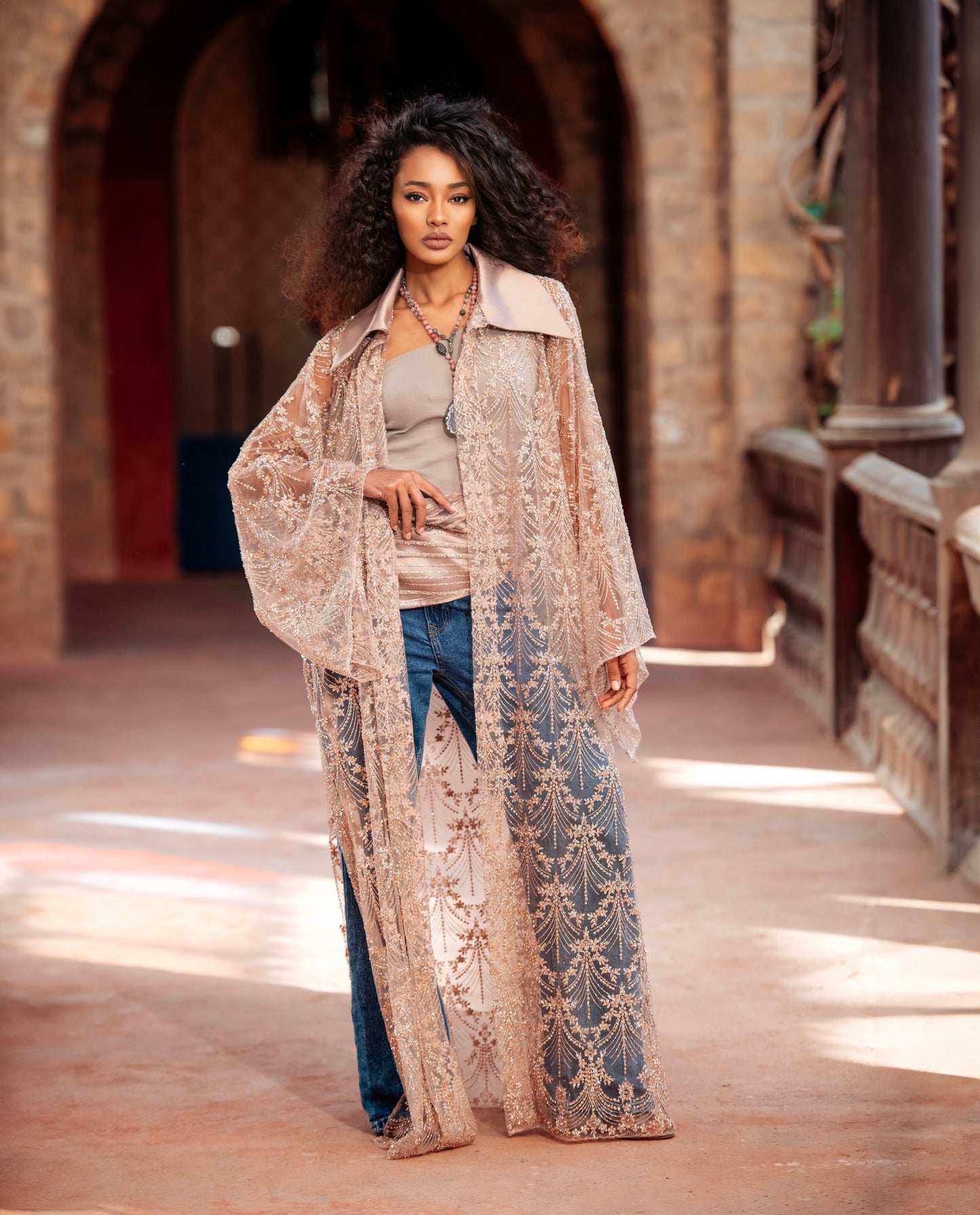 Sedra Kaftan - Taupe Embroidered Tulle