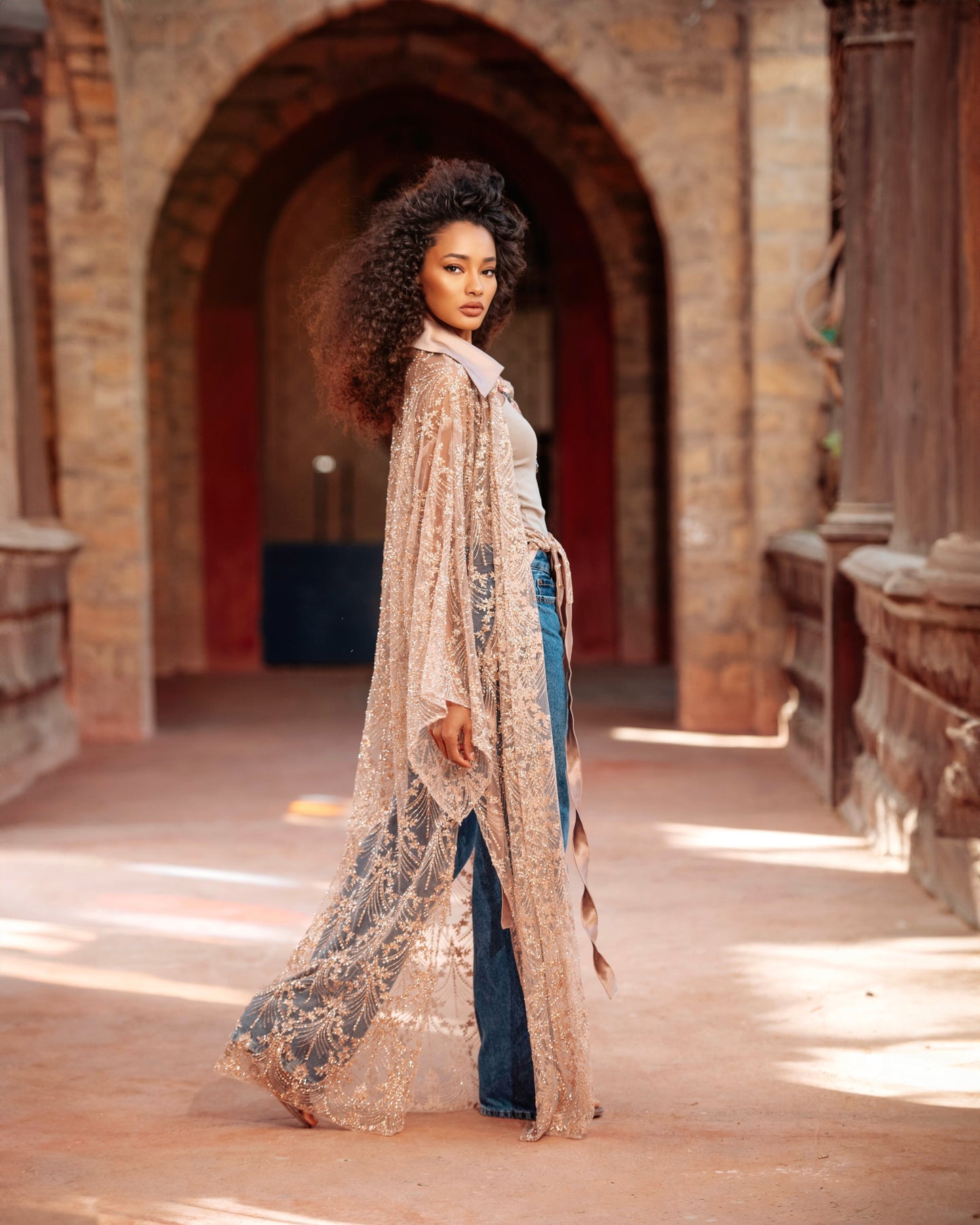 Sedra Kaftan - Taupe Embroidered Tulle