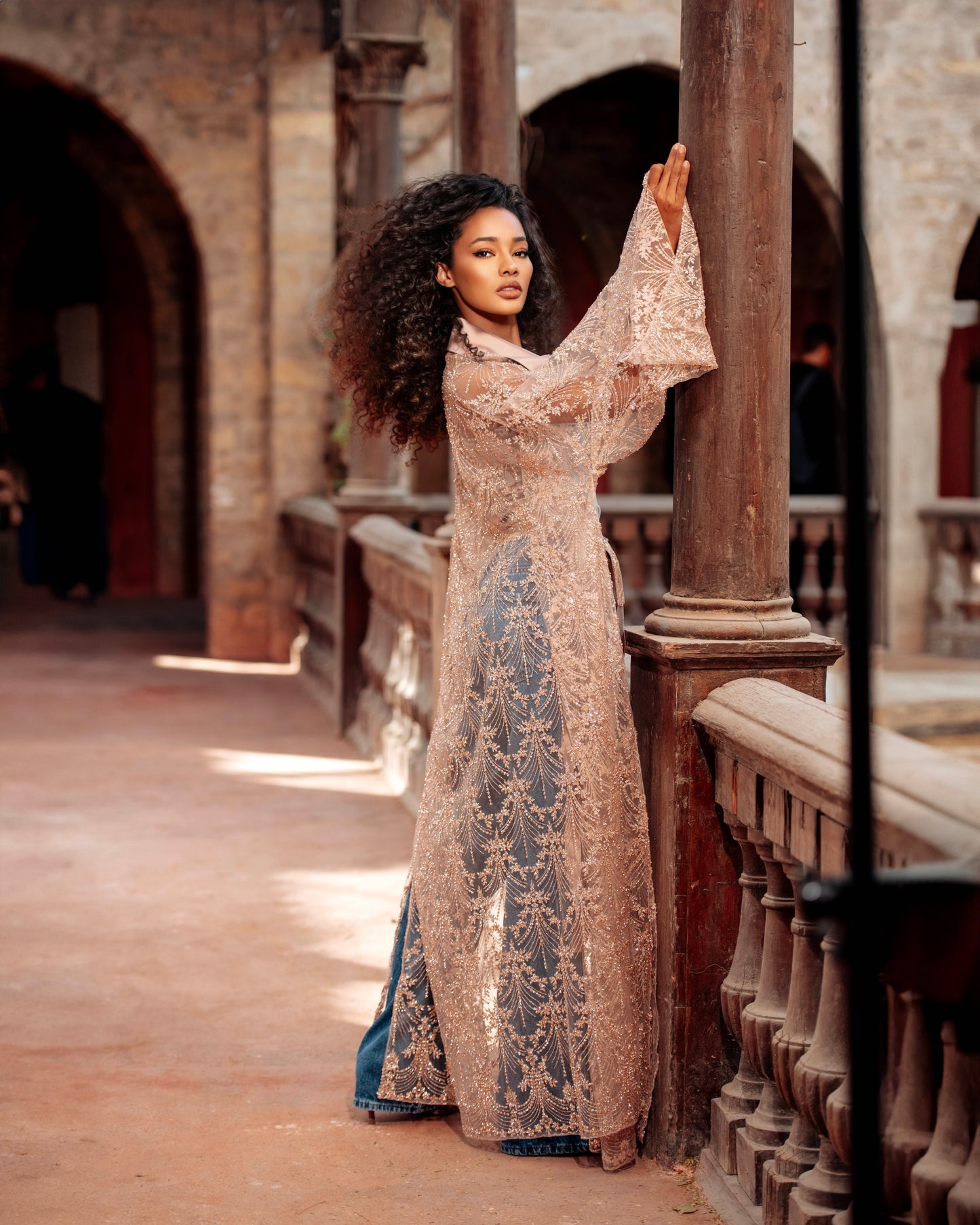 Sedra Kaftan - Taupe Embroidered Tulle