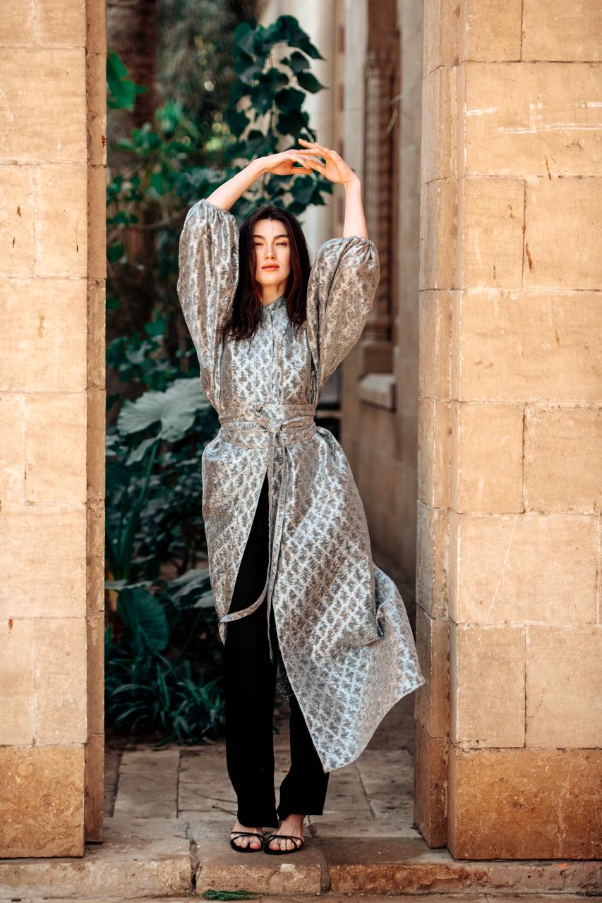 Baheya Silver Kaftan in Luxurious Brocade Organza