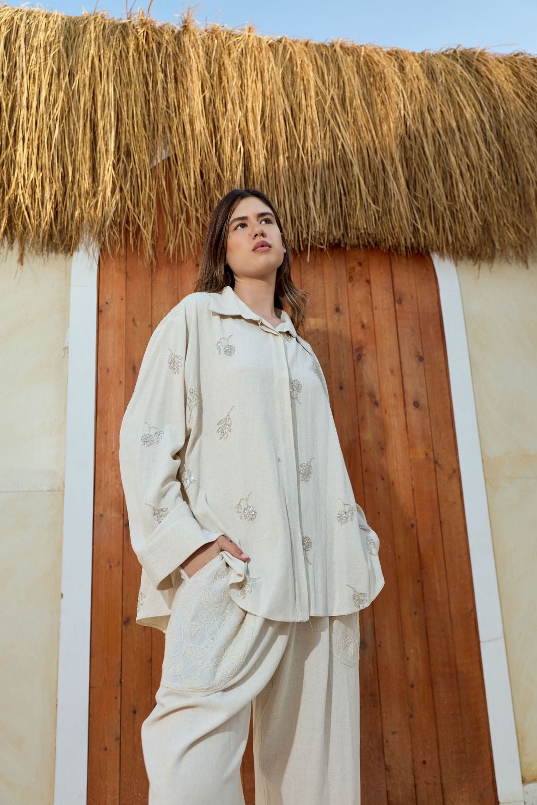 Ivory embroidered linen set beige