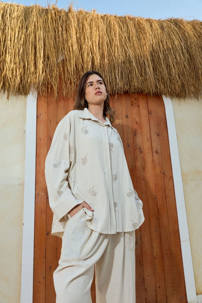 Ivory embroidered linen set beige