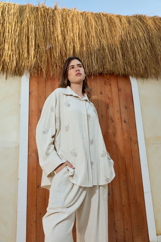 Ivory embroidered linen set beige