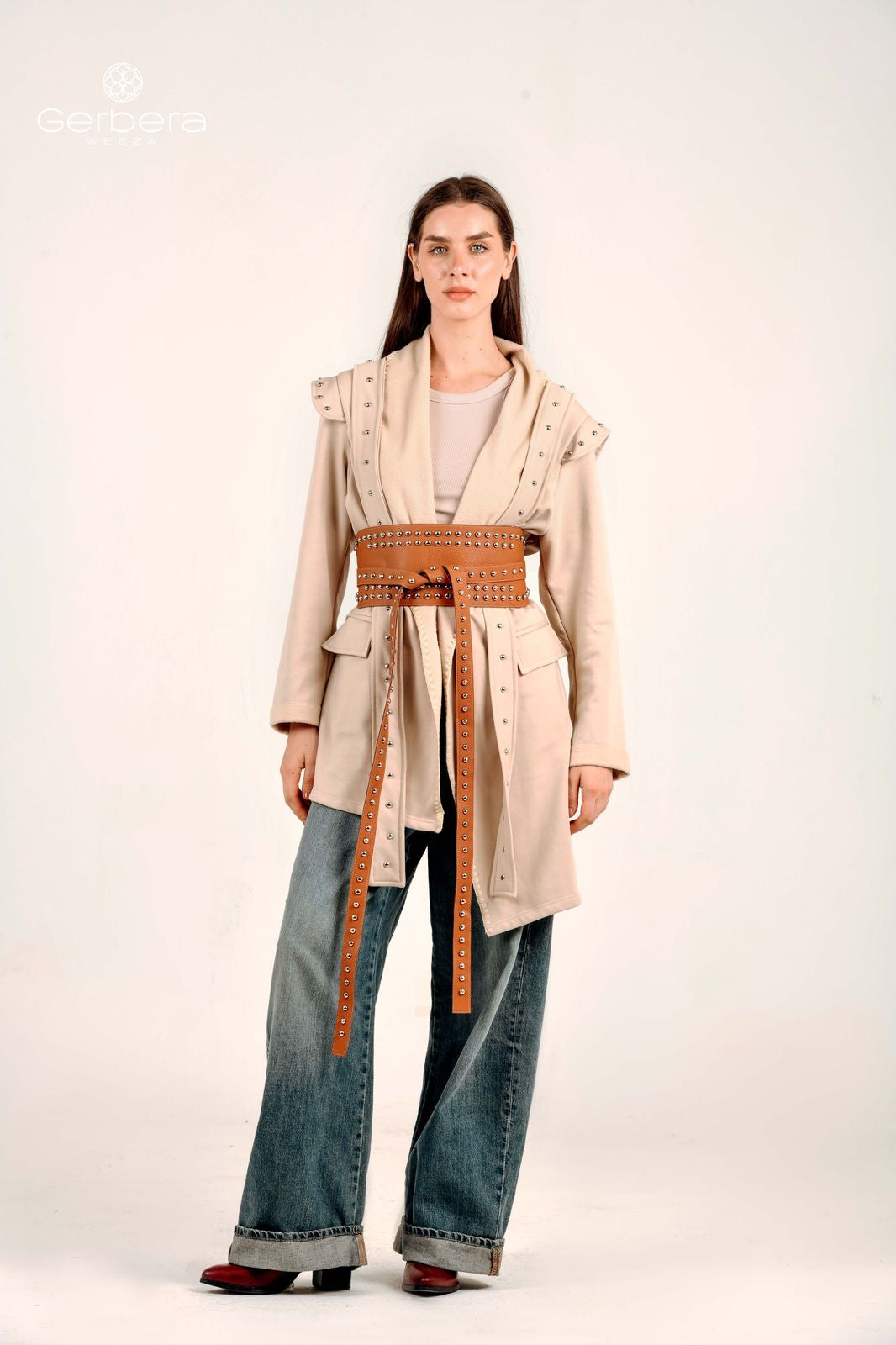 Beige Belted Padded Cotton Jacket