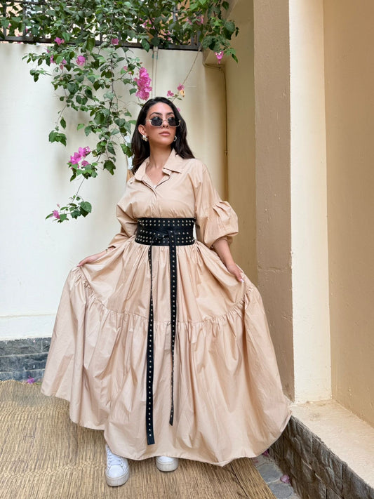 Beige Belted Muse Dress