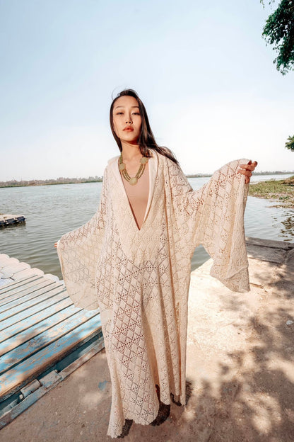 Lamira Off-White Cotton Crochet Cover-Up Dress