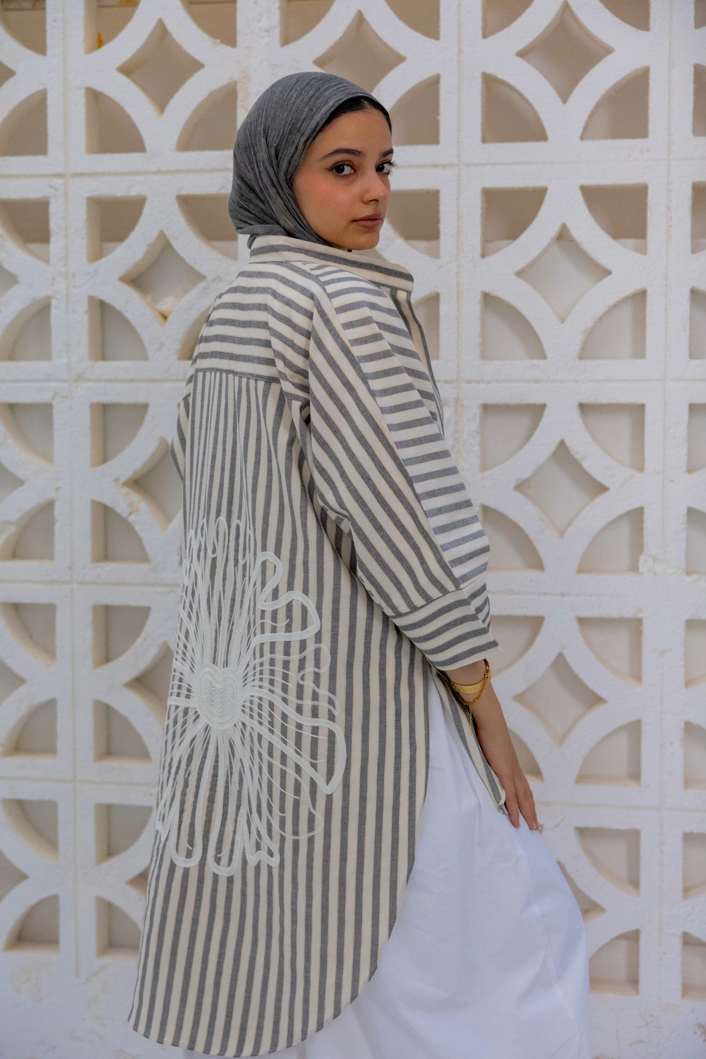 Black Embroidered Striped short shirt