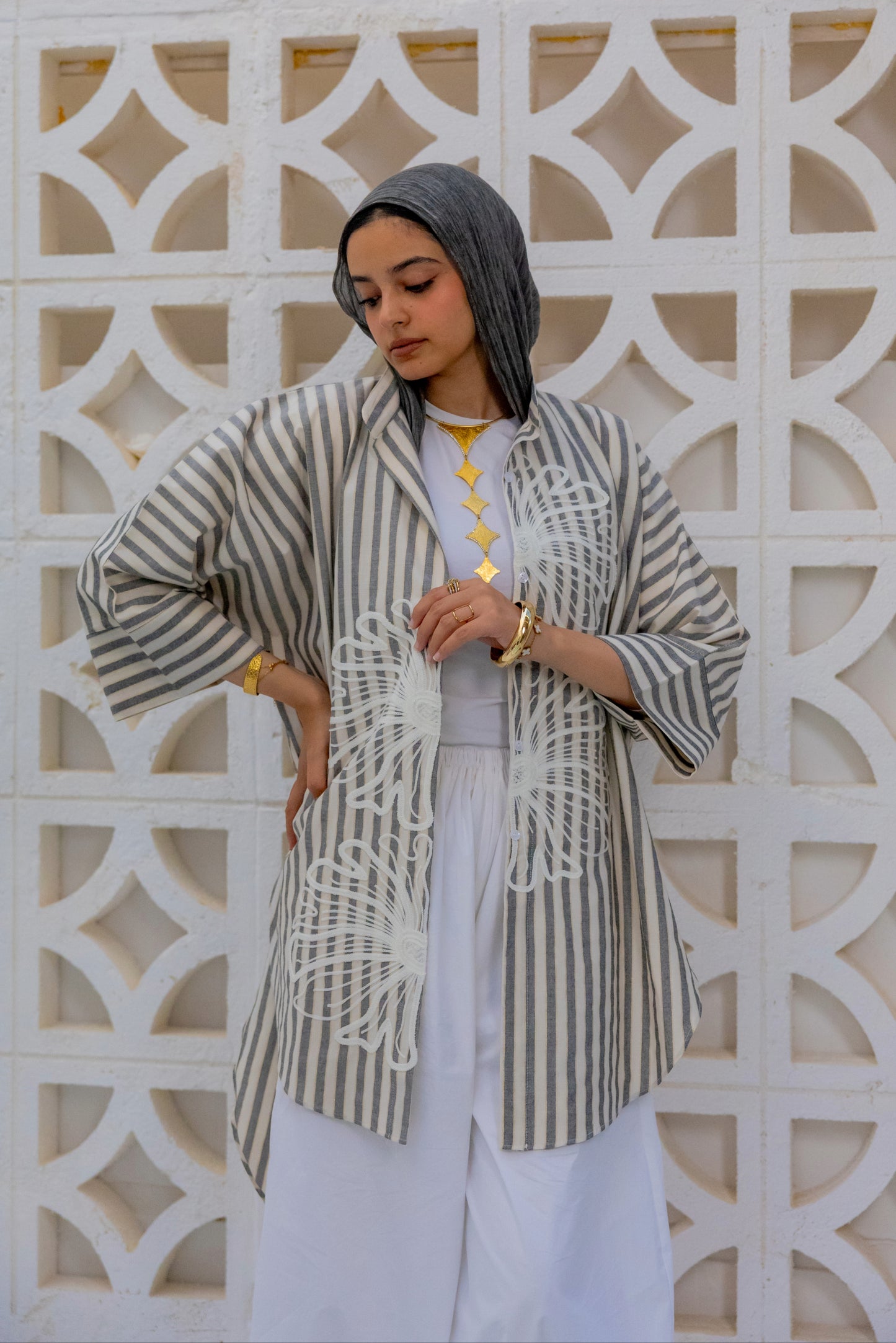 Black Embroidered Striped short shirt