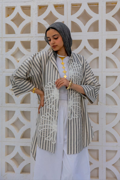Black Embroidered Striped short shirt