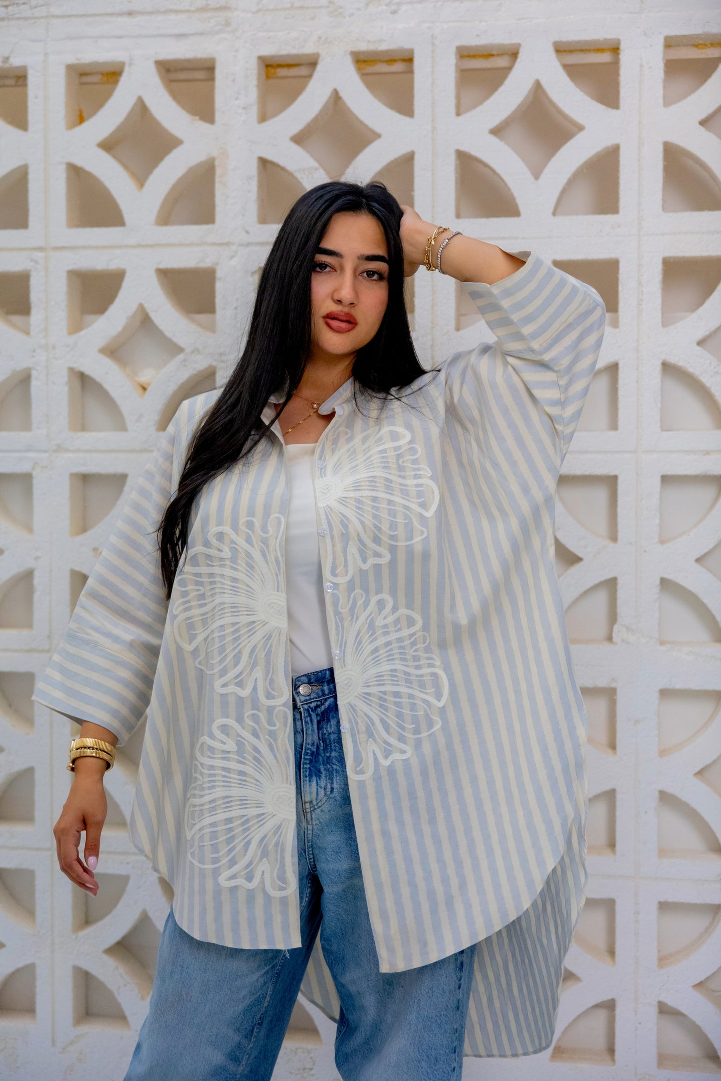 Baby Blue Embroidered striped short shirt