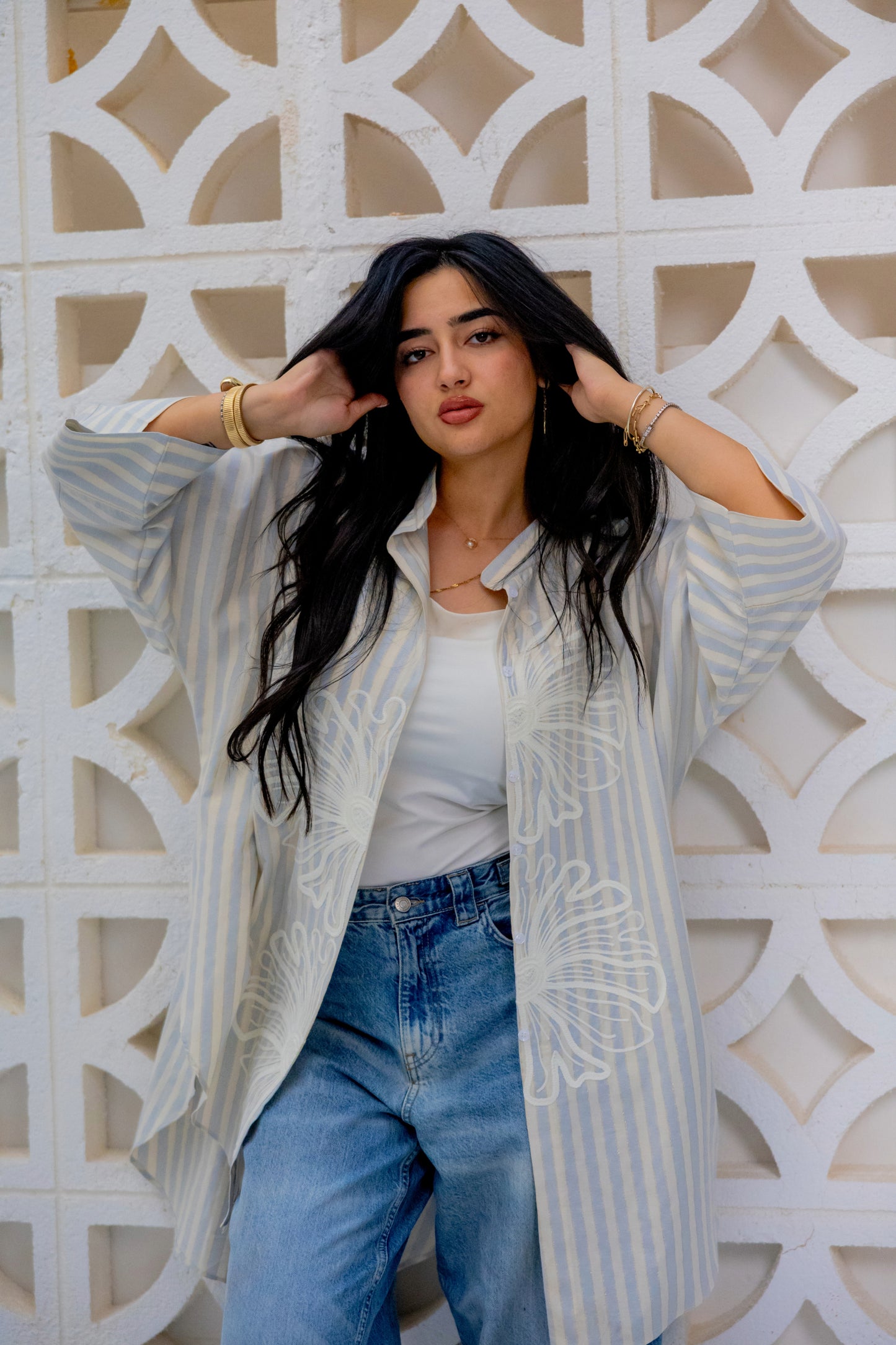 Baby Blue Embroidered striped short shirt