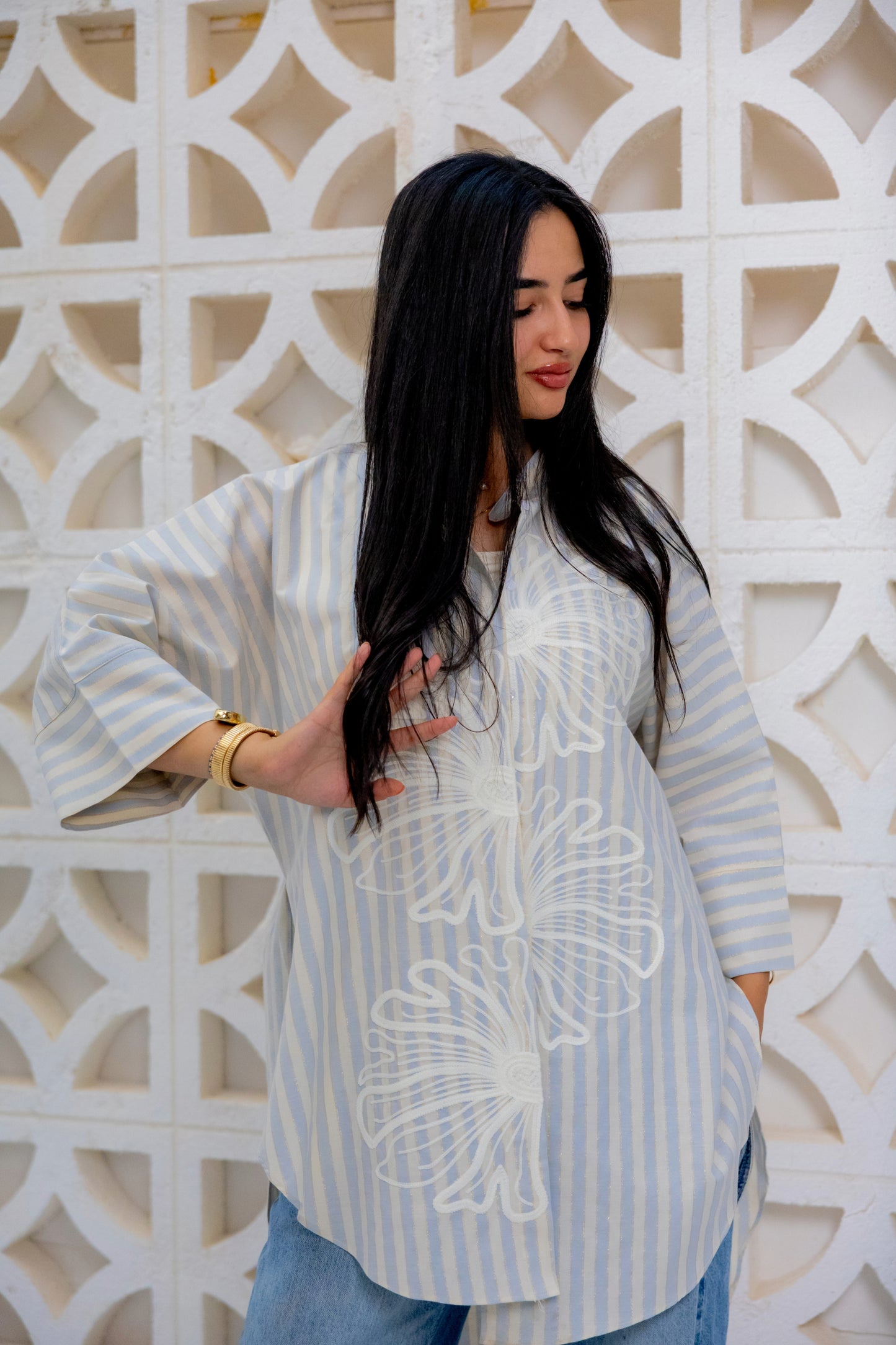 Baby Blue Embroidered striped short shirt