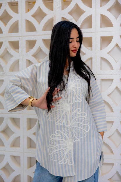Baby Blue Embroidered striped short shirt