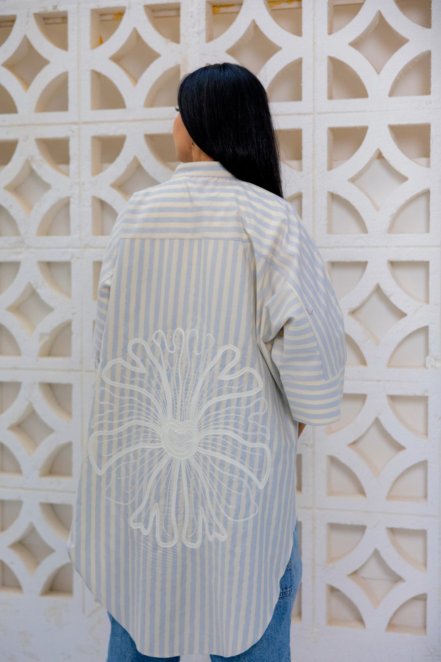 Baby Blue Embroidered striped short shirt