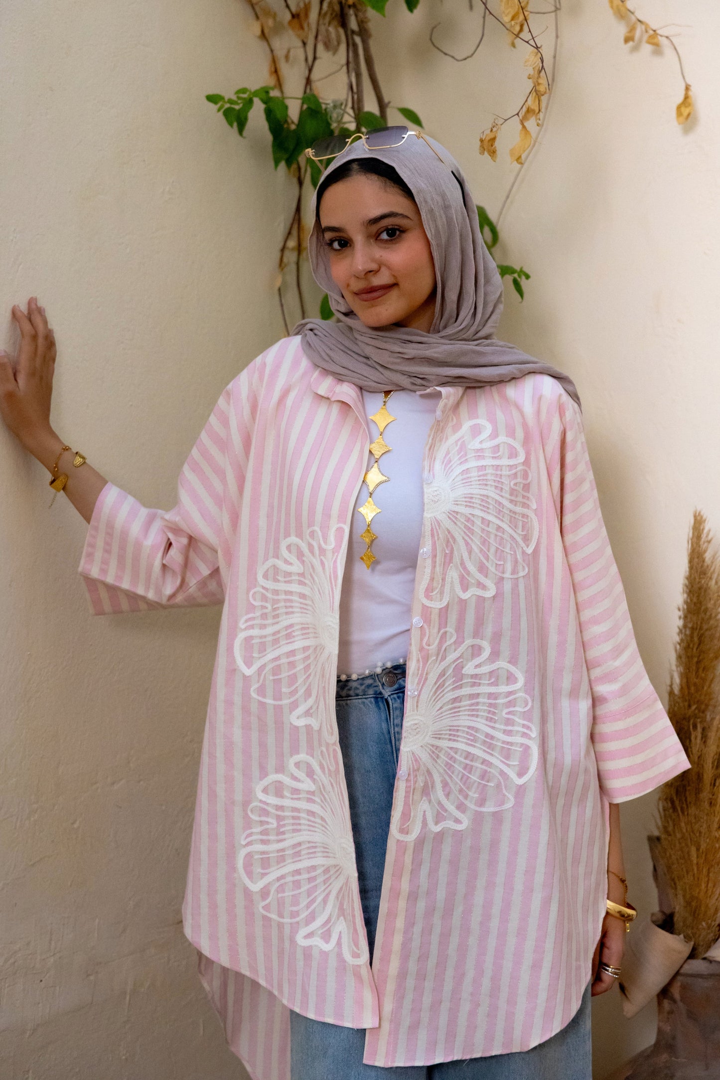 Rose Embroidered Striped short shirt