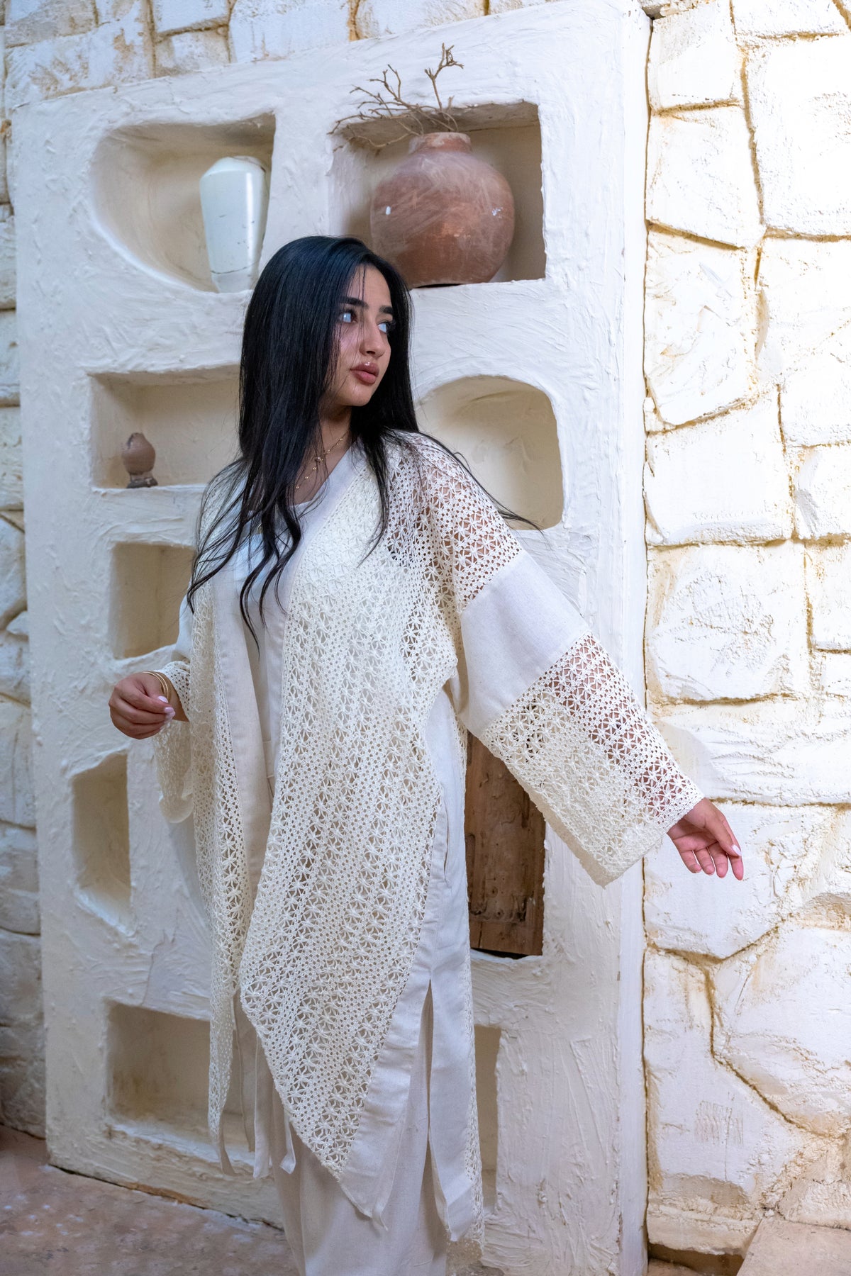Linen Crochet Cardigan Off-white