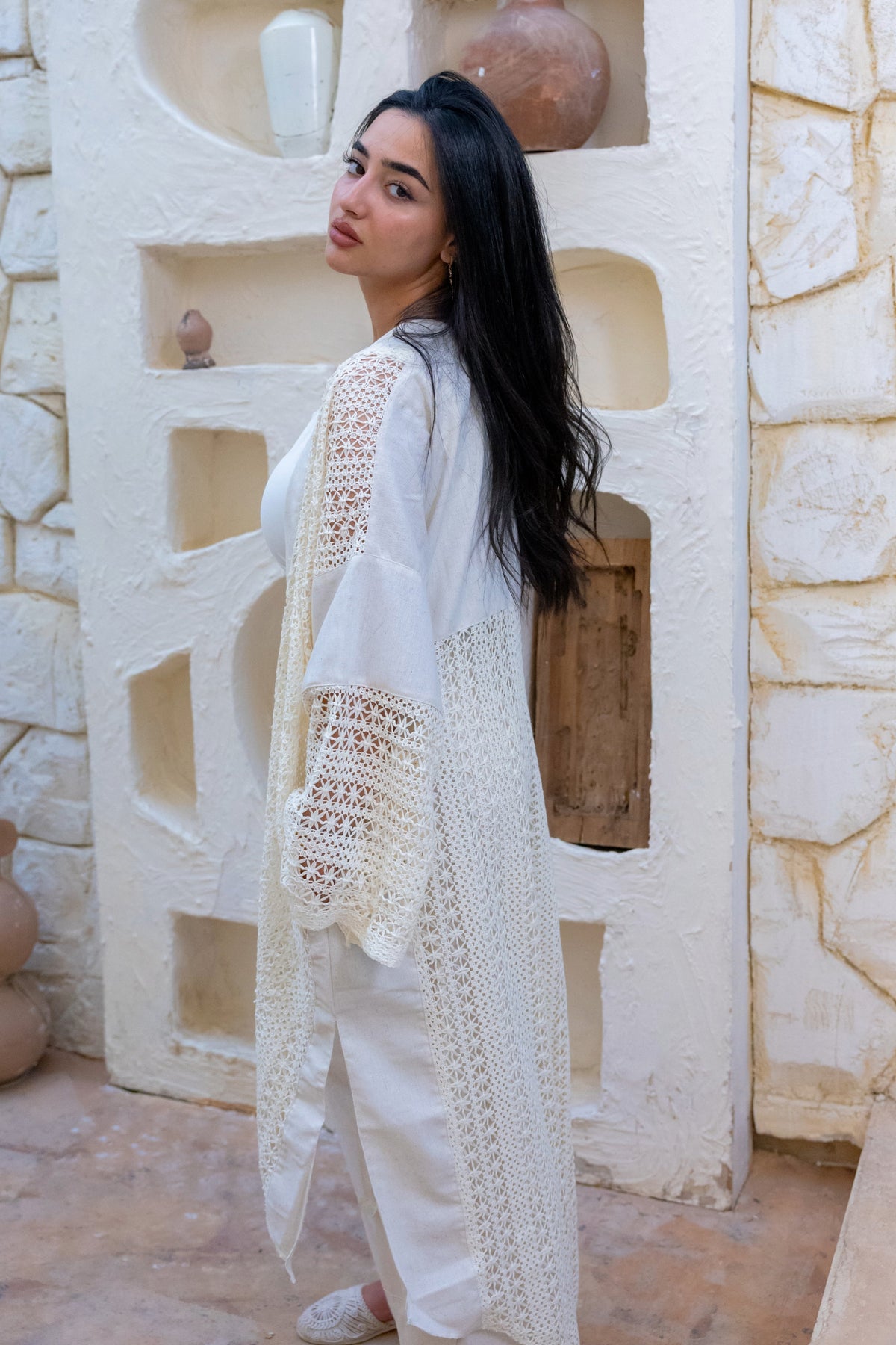 Linen Crochet Cardigan Off-white