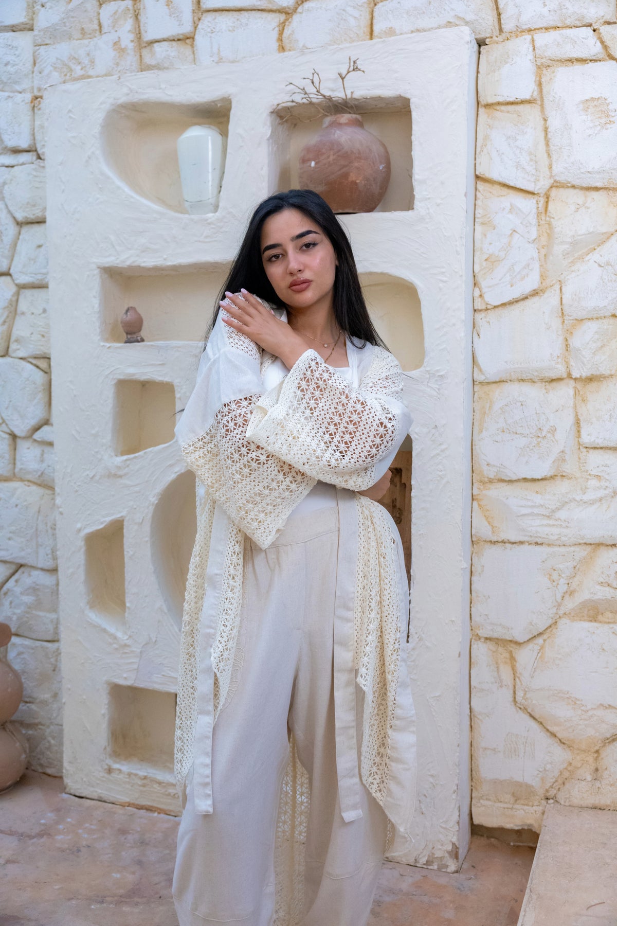 Linen Crochet Cardigan Off-white