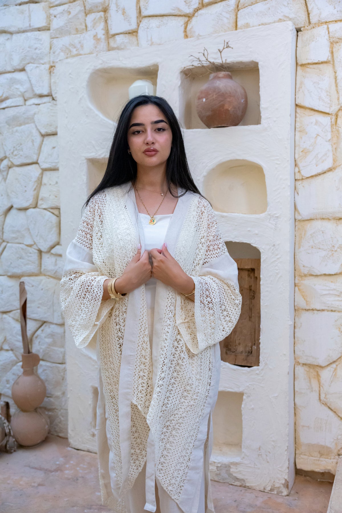 Linen Crochet Cardigan Off-white