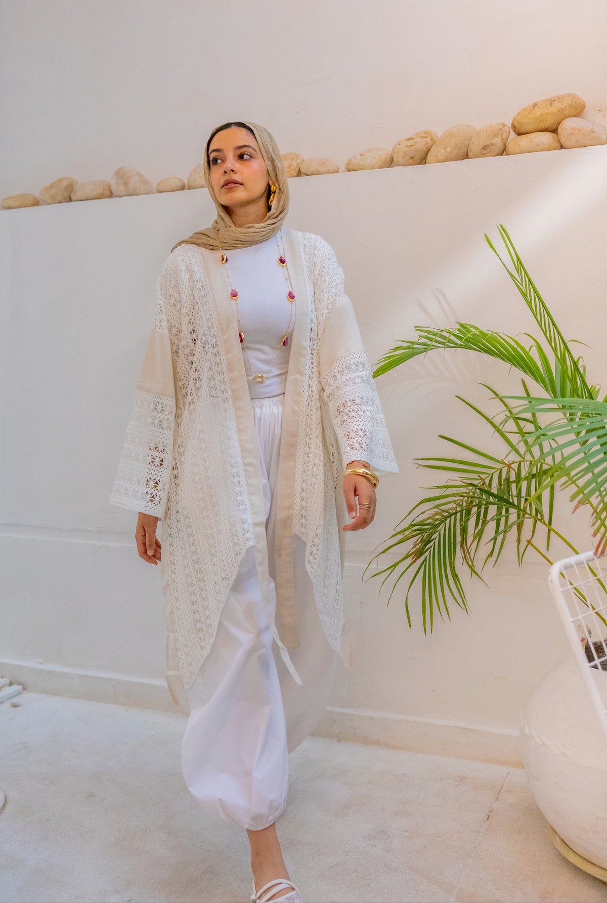 Linen Crochet Cardigan Off-white