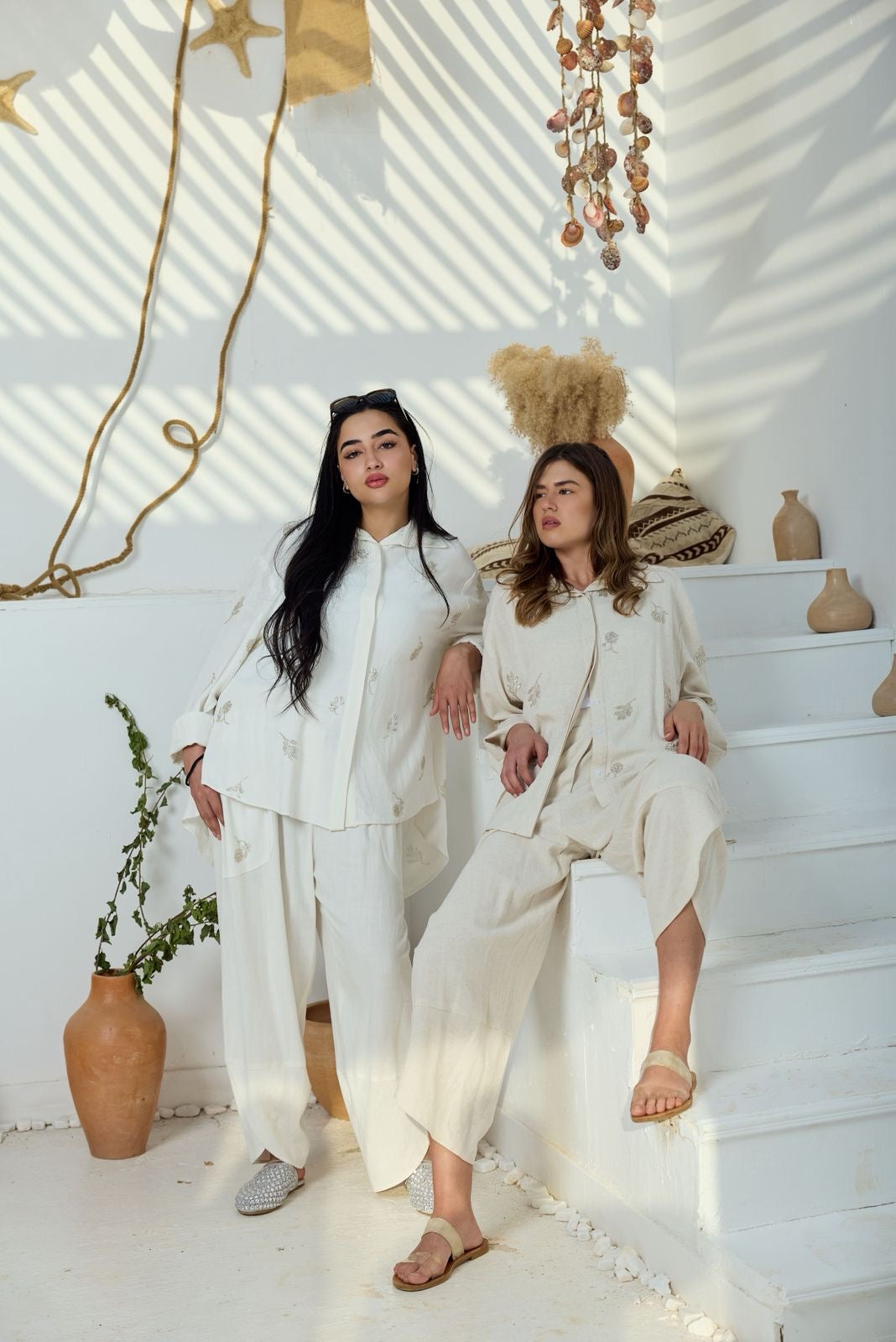 Ivory embroidered white linen set