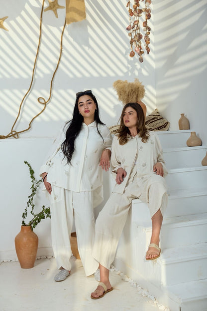 Ivory embroidered white linen set