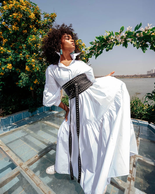 Belted Muse Dress – White with Black Belt