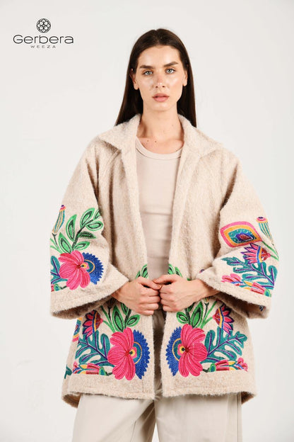 Beige Embroidered Wool Jacket