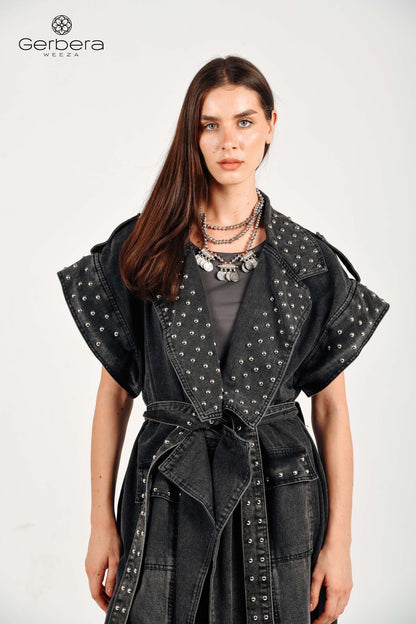 Black Studded Denim Coat